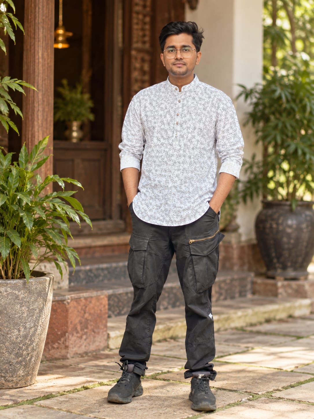 Men's White Floral Printed Cotton Short Kurta – Lightweight Casual Ethnic Shirt