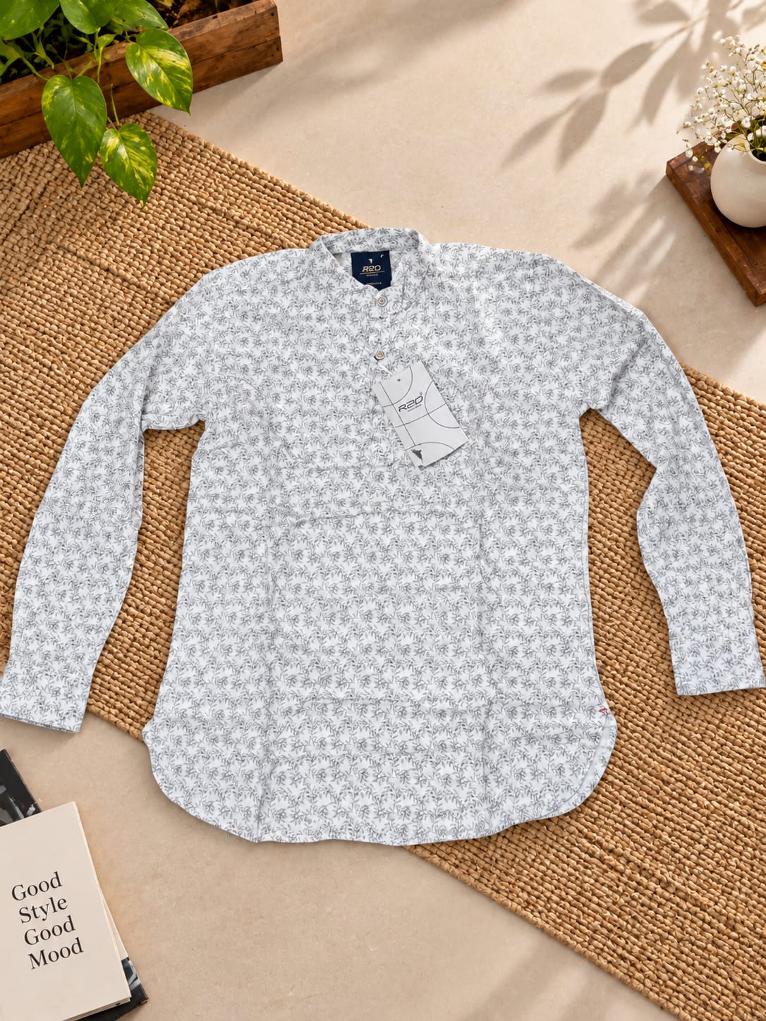 Men's White Floral Printed Cotton Short Kurta – Lightweight Casual Ethnic Shirt