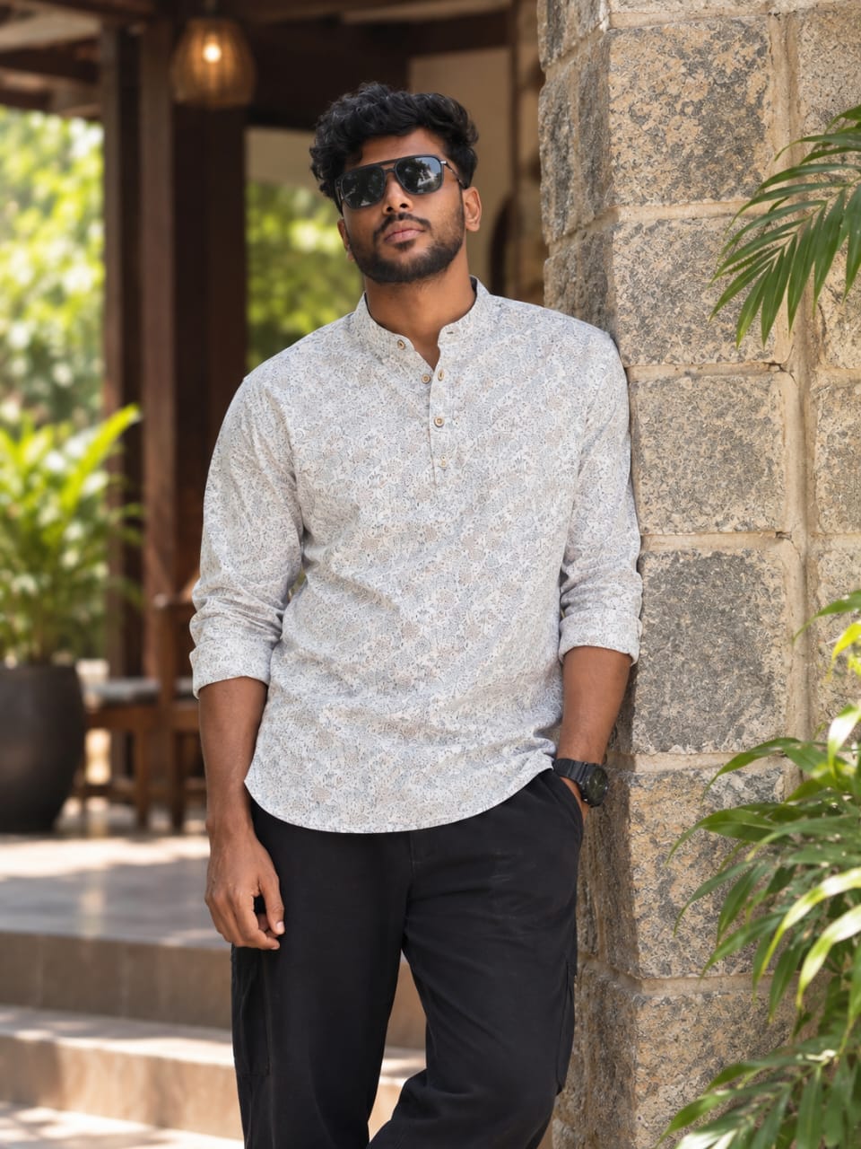 Men's Off-White Floral Printed Cotton Short Kurta – Casual Chinese Collar Shirt
