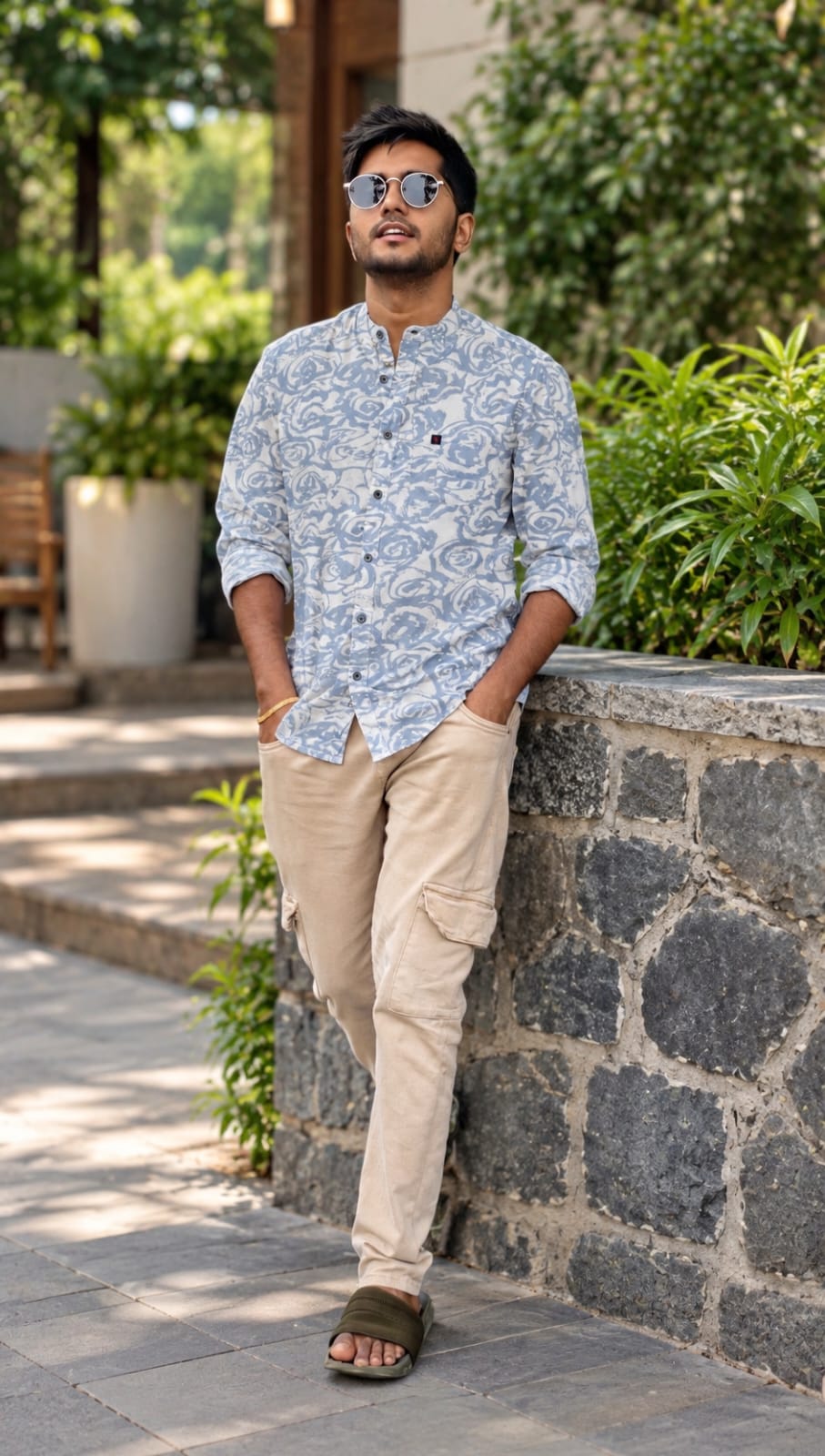 Men's Short Kurta Cotton in Sky Blue Print with Chineese Color