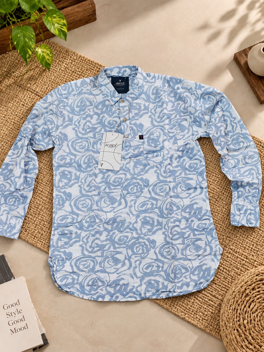 Men's Short Kurta Cotton in Sky Blue Print with Chineese Color