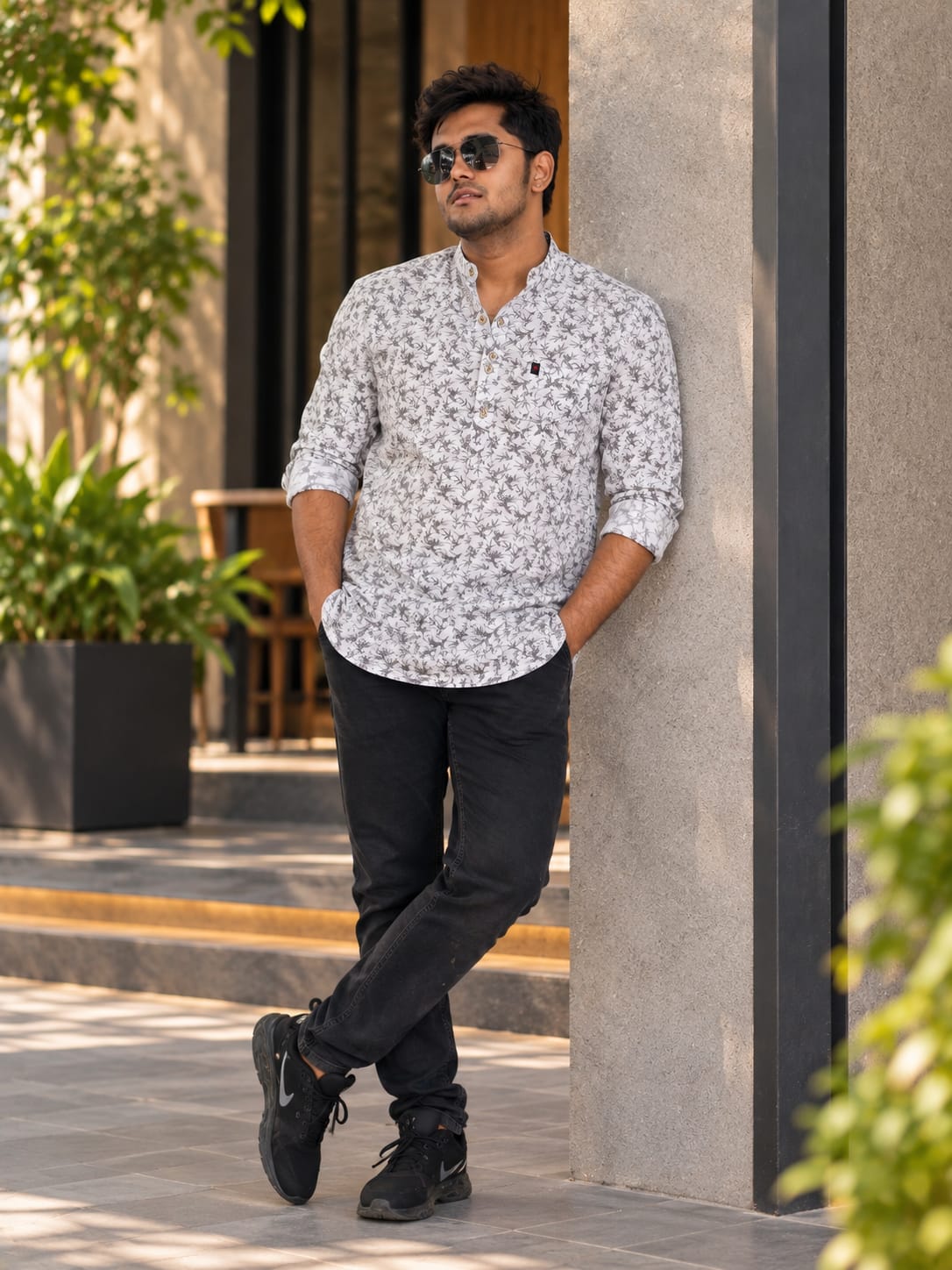 Men's White Pure Cotton Printed Short Kurta