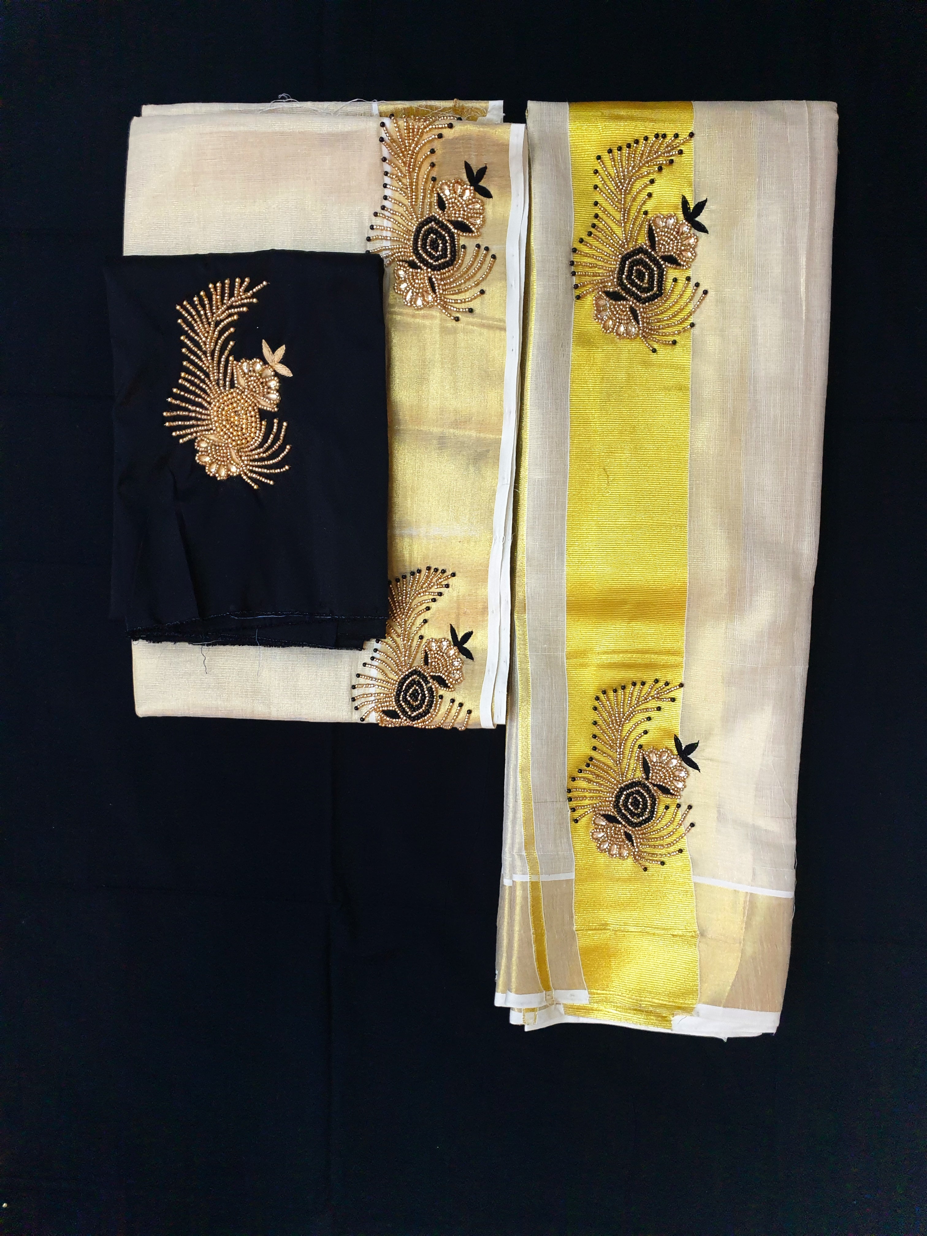Kuthampully Tissue Handwork Set Mundu with matching worked blouse extra length 2.80 meter