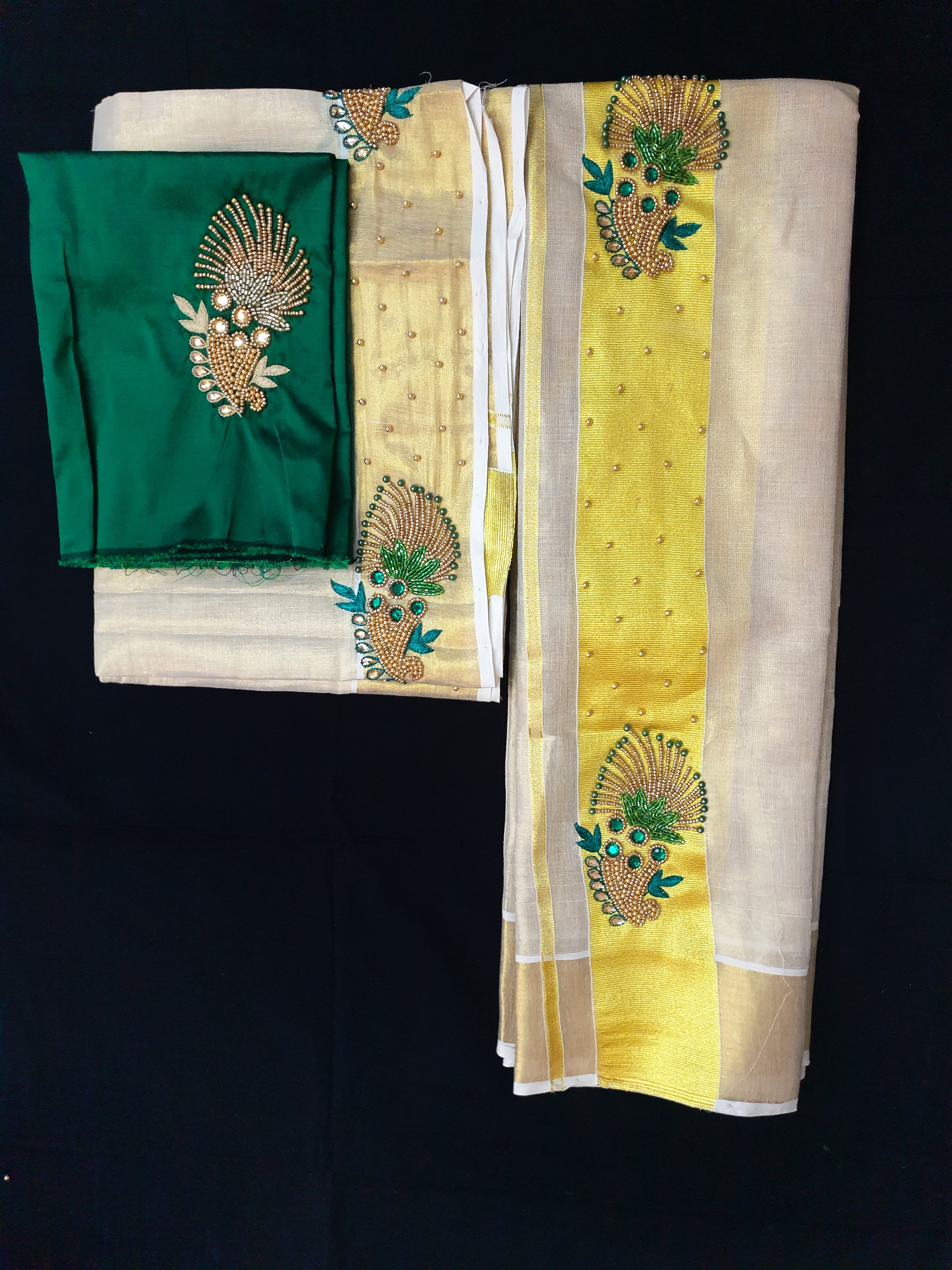 Kuthampully Tissue Handwork Set Mundu with matching worked blouse extra length 2.80 meter