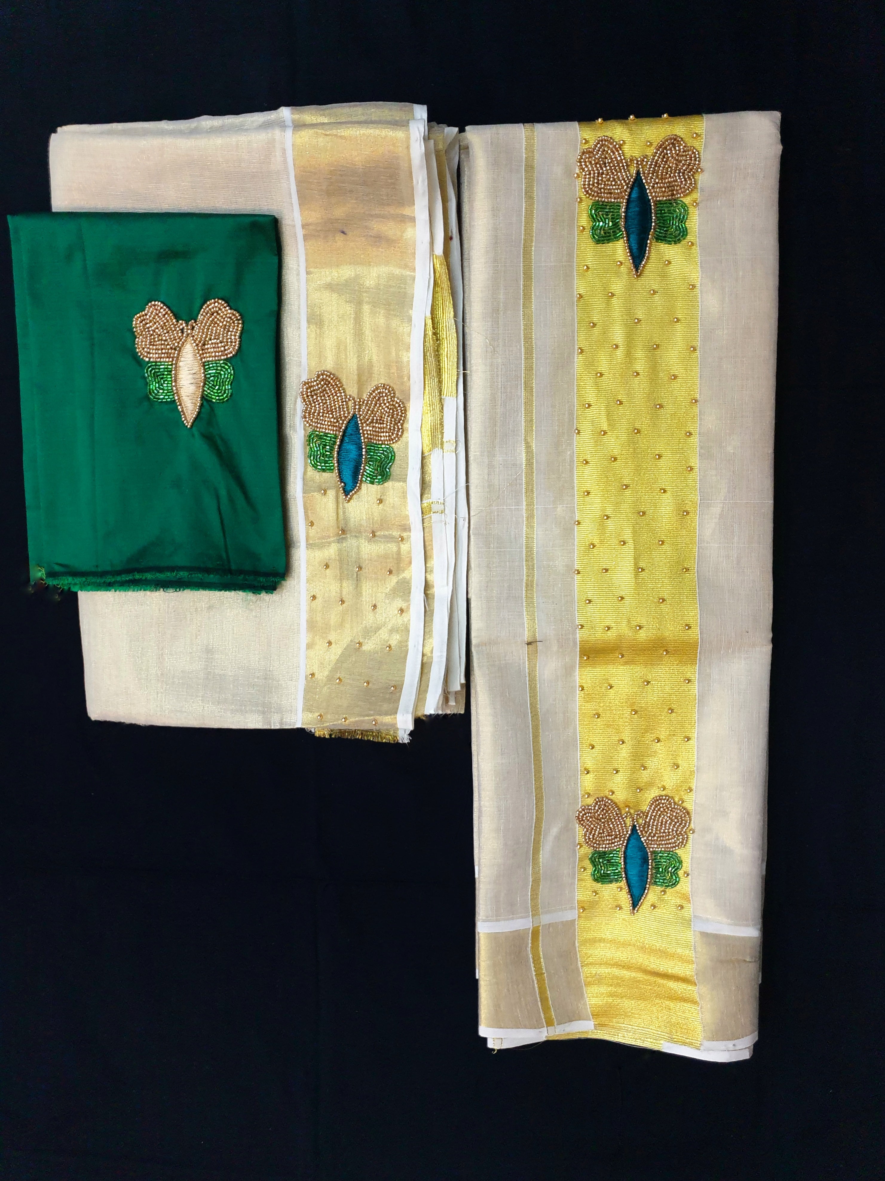 Kuthampully Tissue Handwork Set Mundu with matching worked blouse extra length 2.80 meter