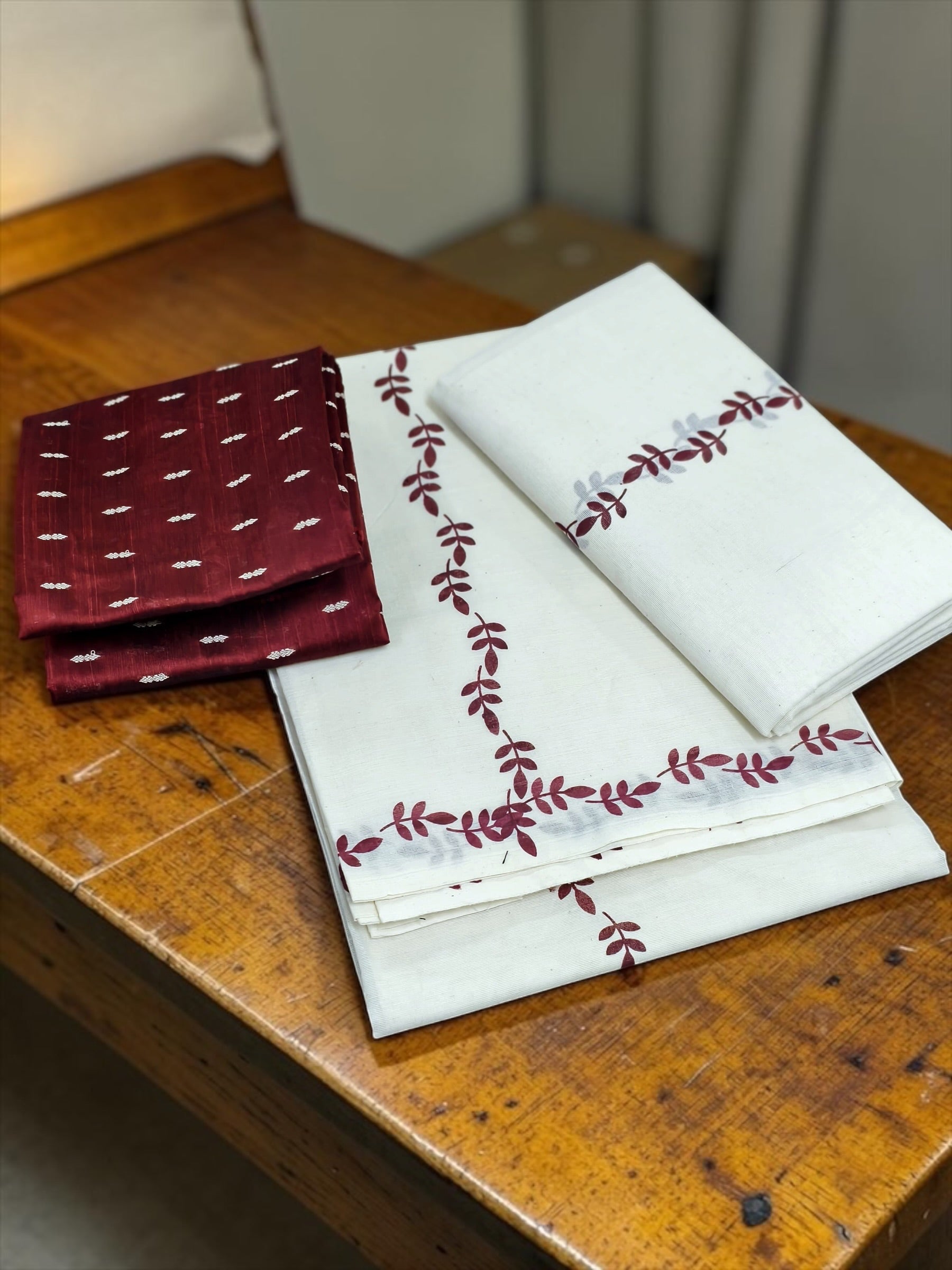 Puliyila leaves printing pure cotton set mundu with blouse