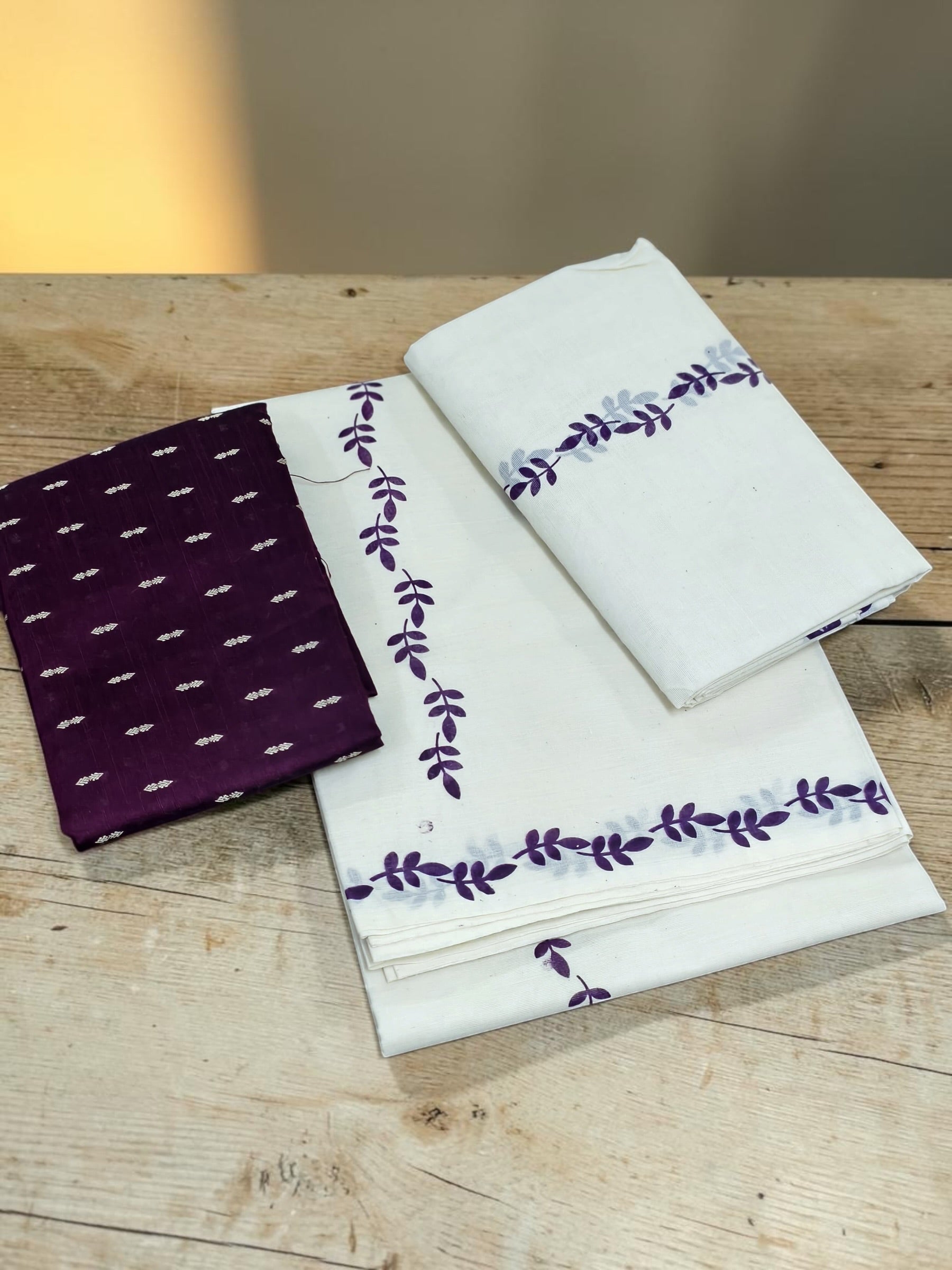 Puliyila leaves printing pure cotton set mundu with blouse