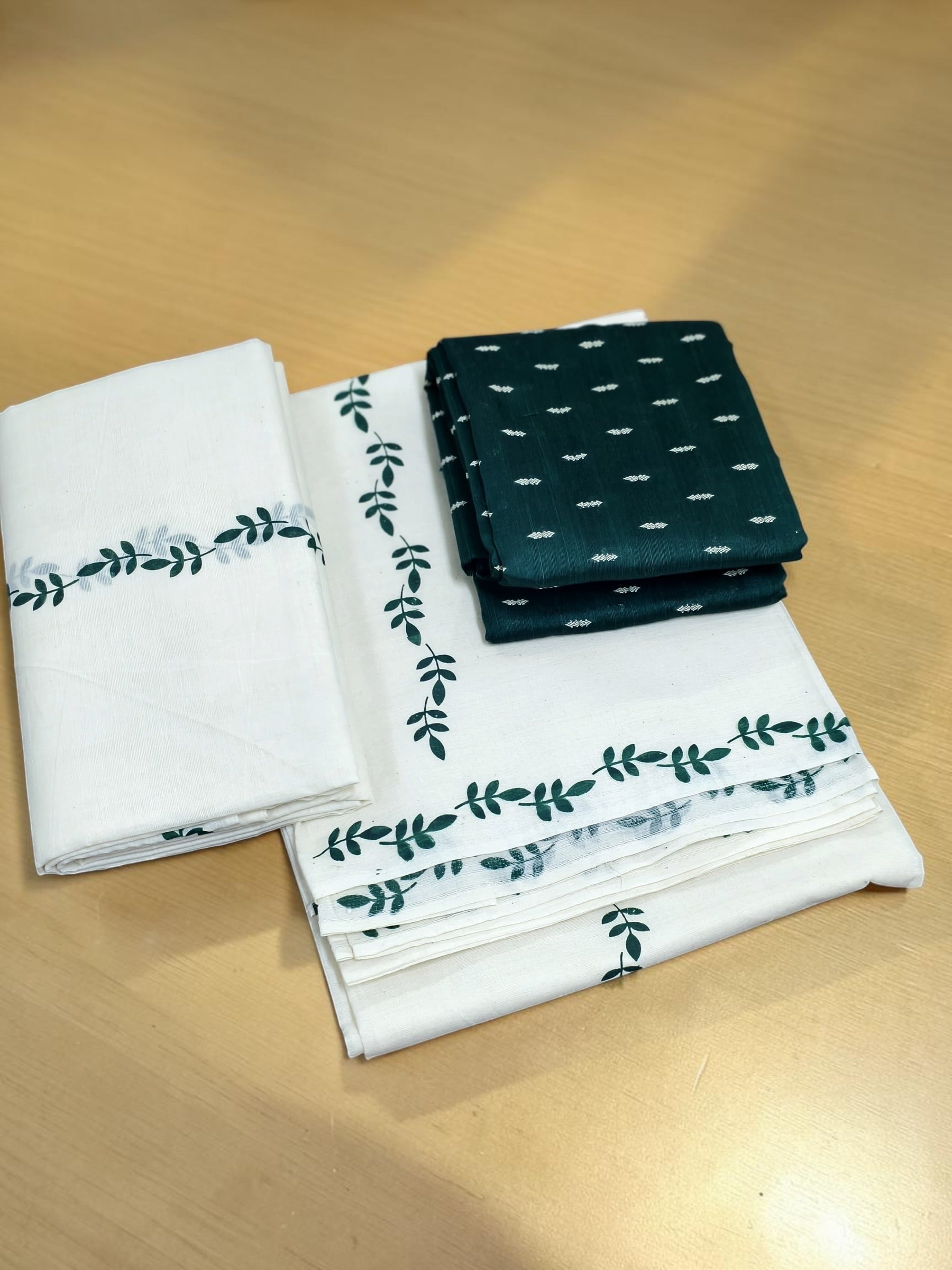 Puliyila leaves printing pure cotton set mundu with blouse