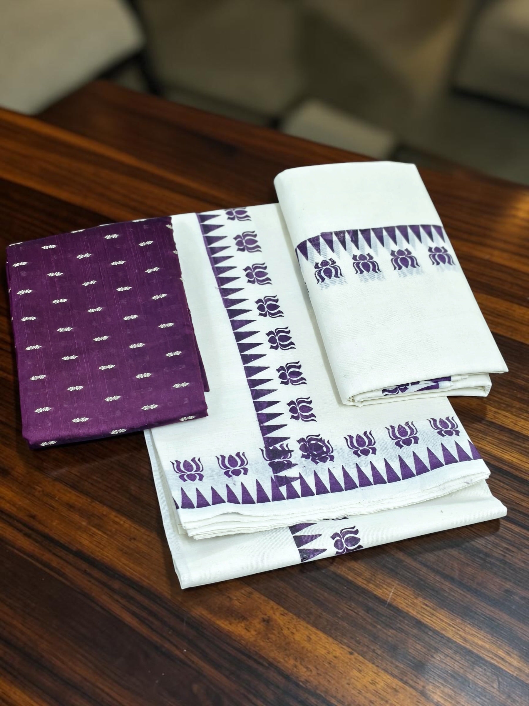 Lotus Print pure cotton set mundu extra length / onam collection