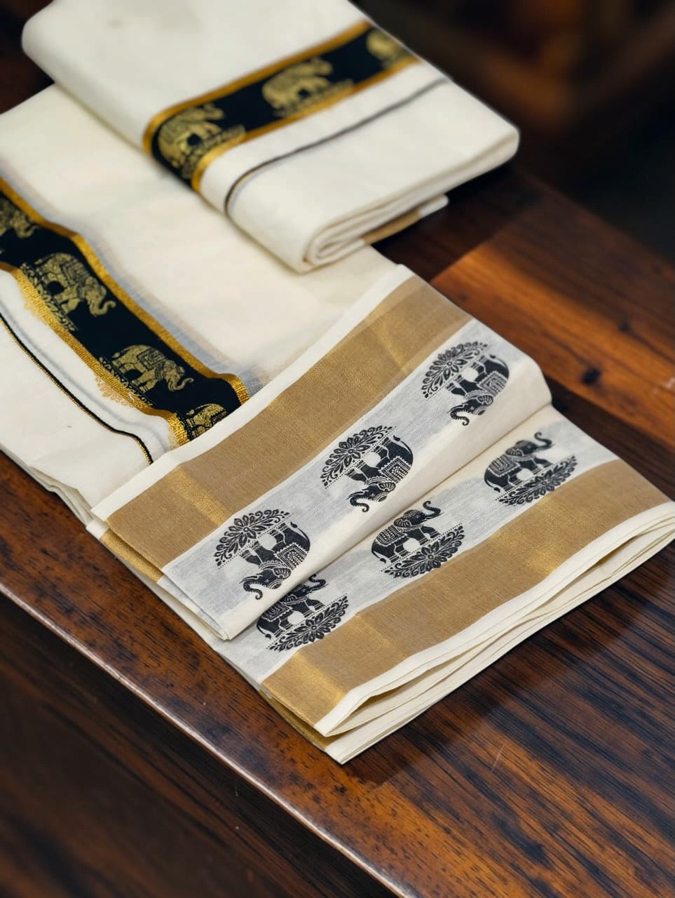 Gold elephant print set mundu / trending now