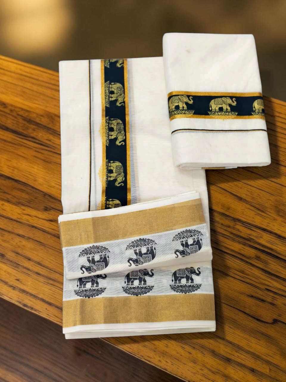 Gold elephant print set mundu / trending now