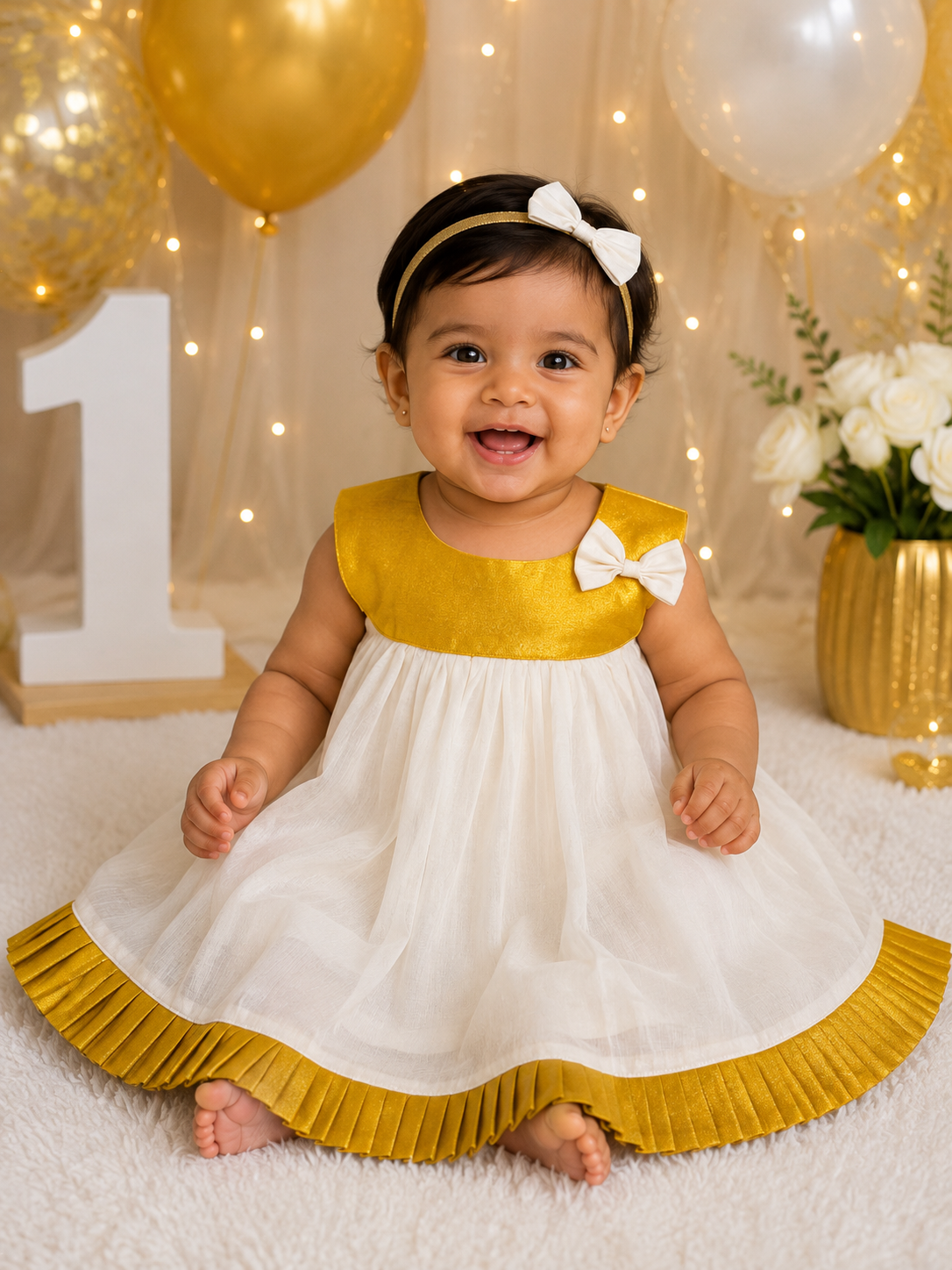 Gold Pleated & Circular Neck Frock for Babies