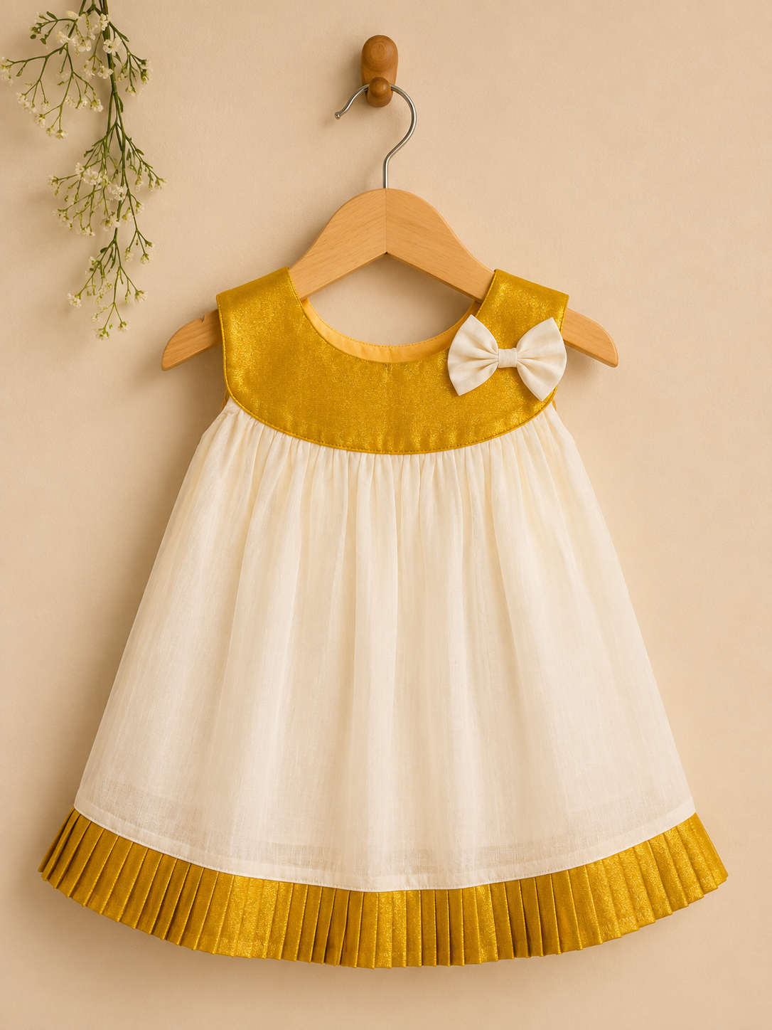 Gold Pleated & Circular Neck Frock for Babies
