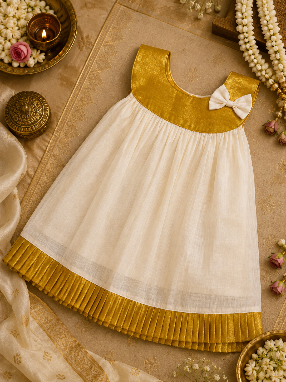 Gold Pleated & Circular Neck Frock for Babies
