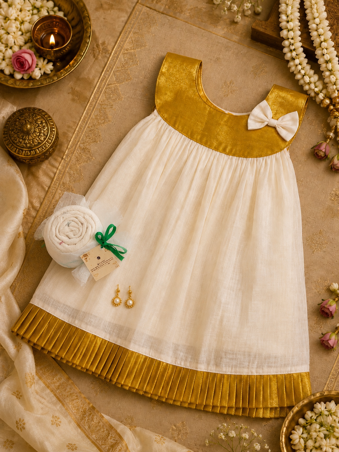 Gold Pleated & Circular Neck Frock for Babies with free of Face Towel