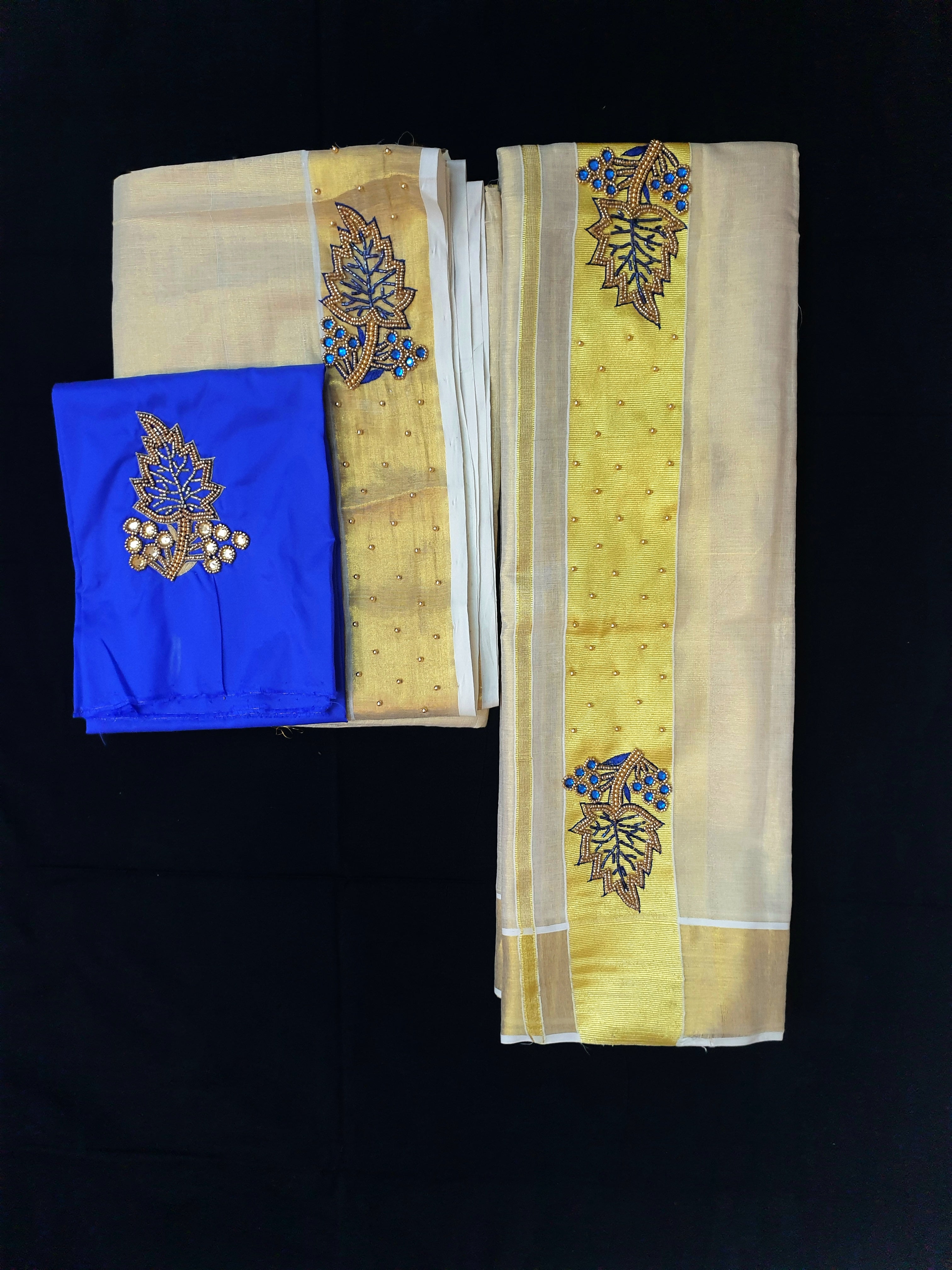 Kuthampully Tissue Handwork Set Mundu with matching worked blouse extra length 2.80 meter