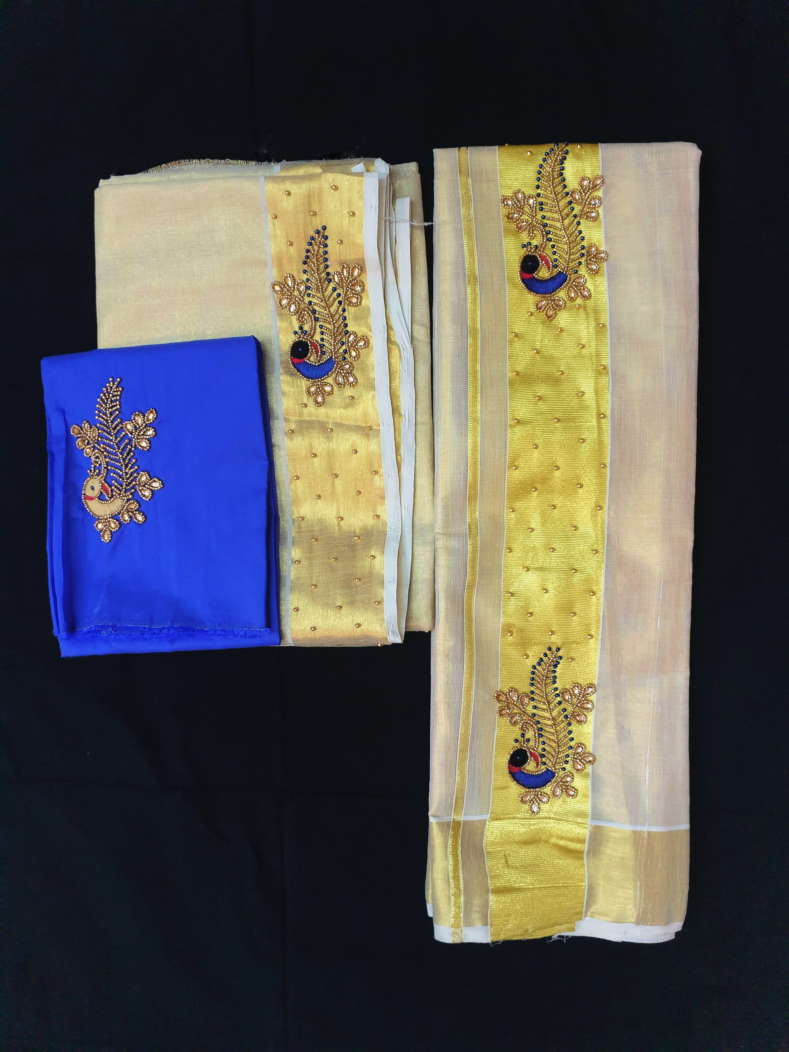 Kuthampully Tissue Handwork Set Mundu with matching worked blouse extra length 2.80 meter