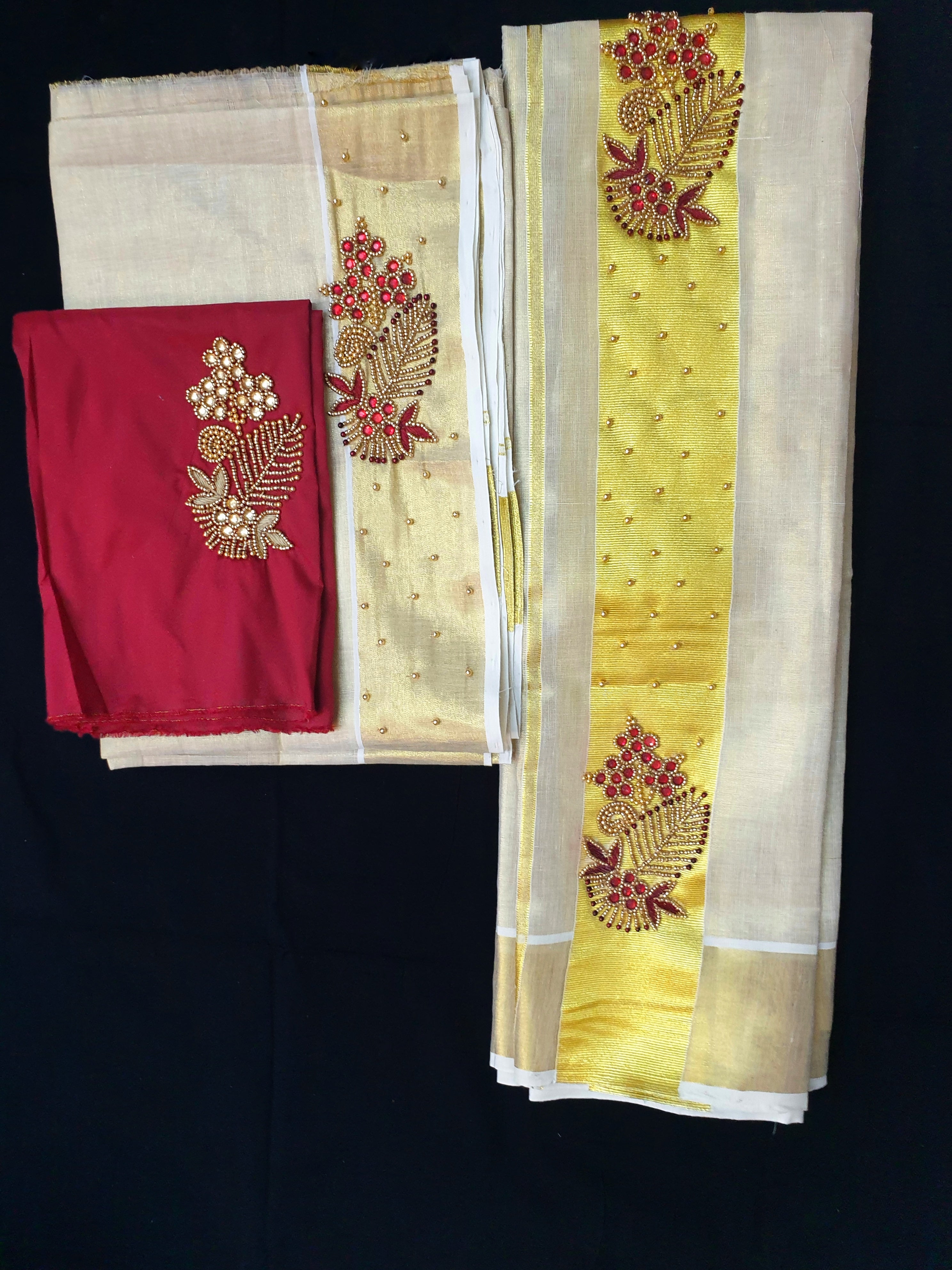 Kuthampully Tissue Handwork Set Mundu with matching worked blouse extra length 2.80 meter