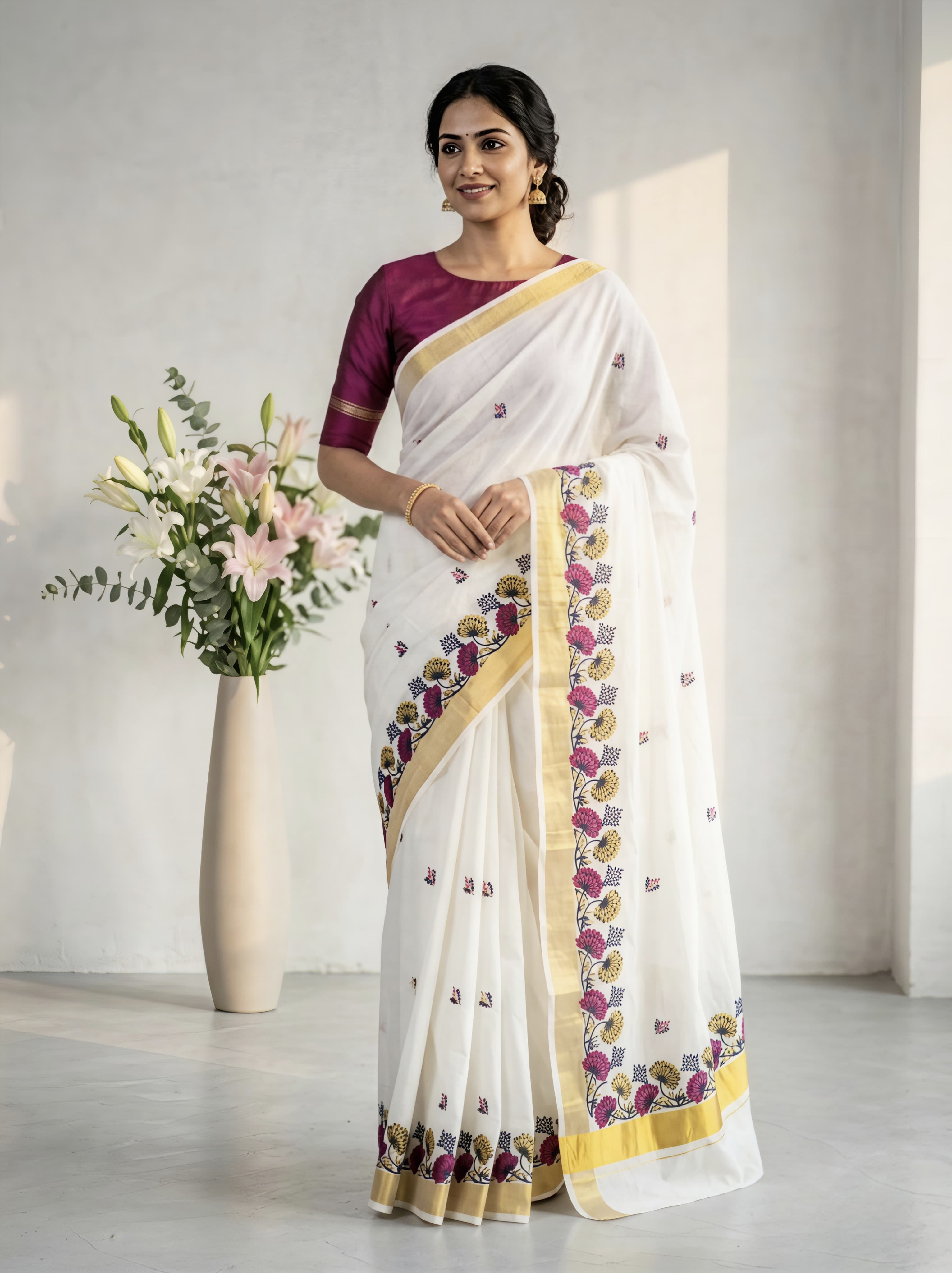 Pure Cotton Embroidery Saree Full body with blouse_ Lotus Embroidery