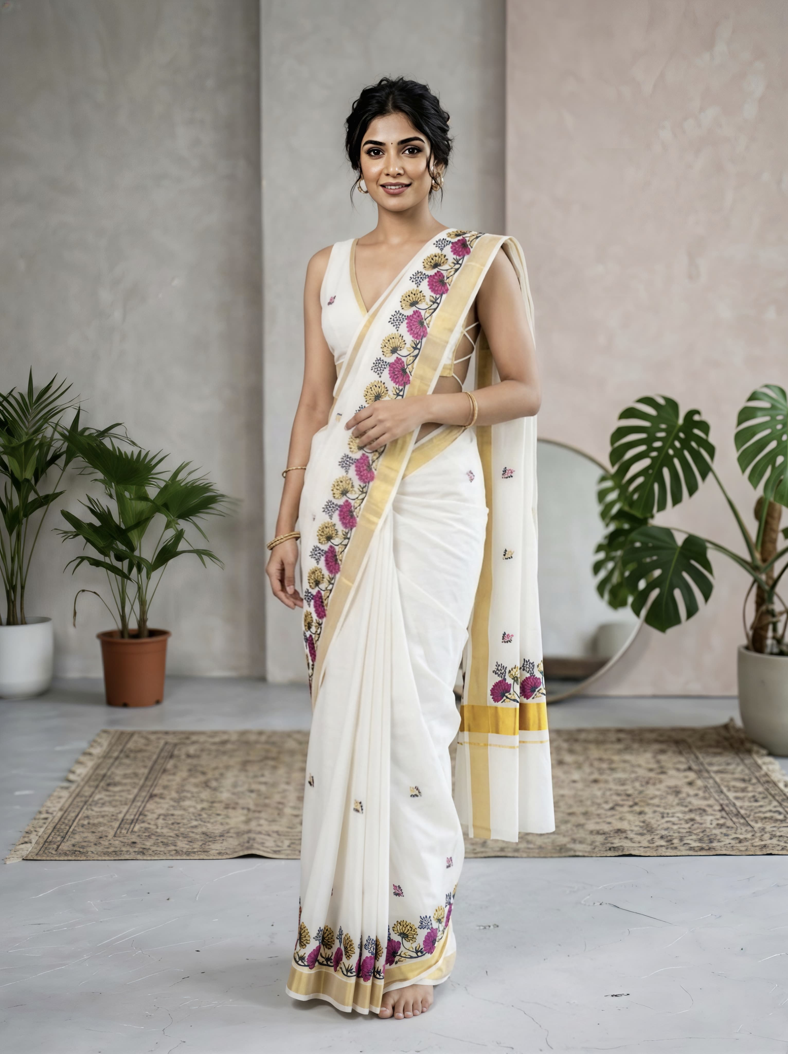Pure Cotton Embroidery Saree Full body with blouse_ Lotus Embroidery