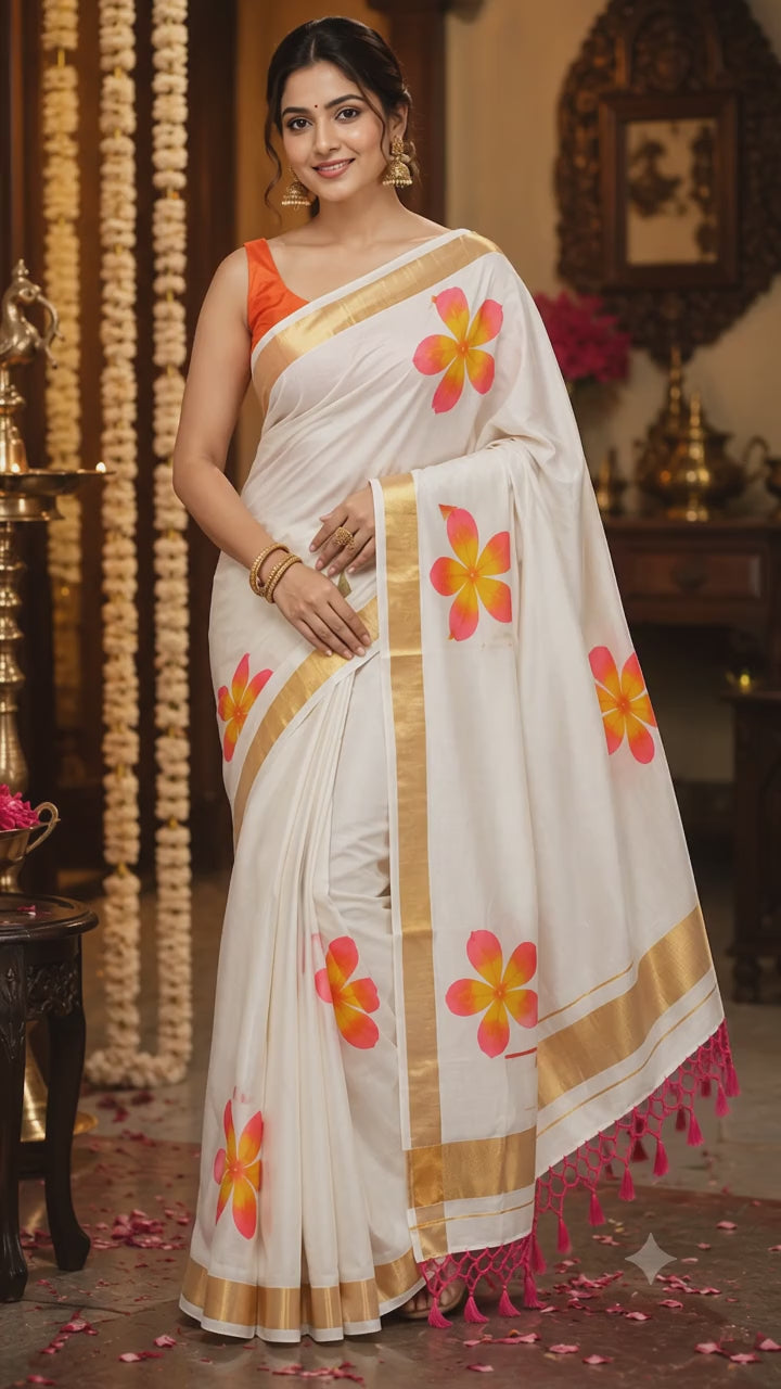 Hand-painted flower on Mul Cotton kasavu saree with blouse