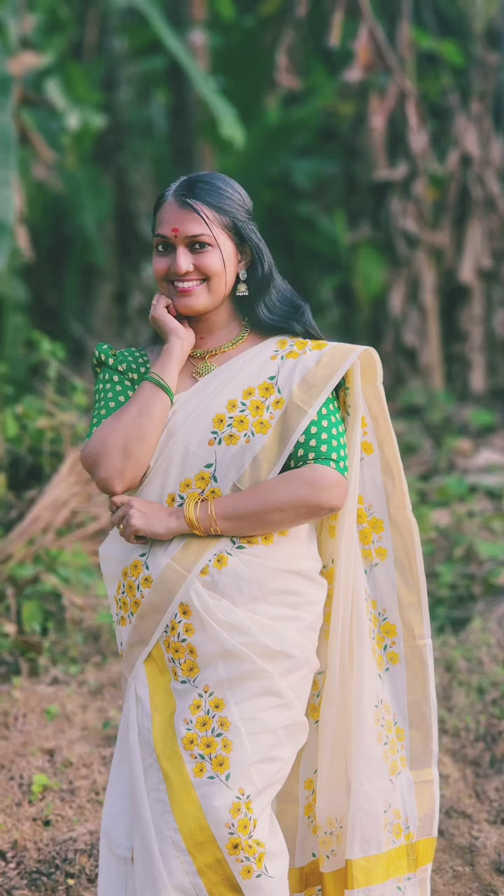 Vishu Kanikonna Set Mundu Kuthampully pure cotton extra length