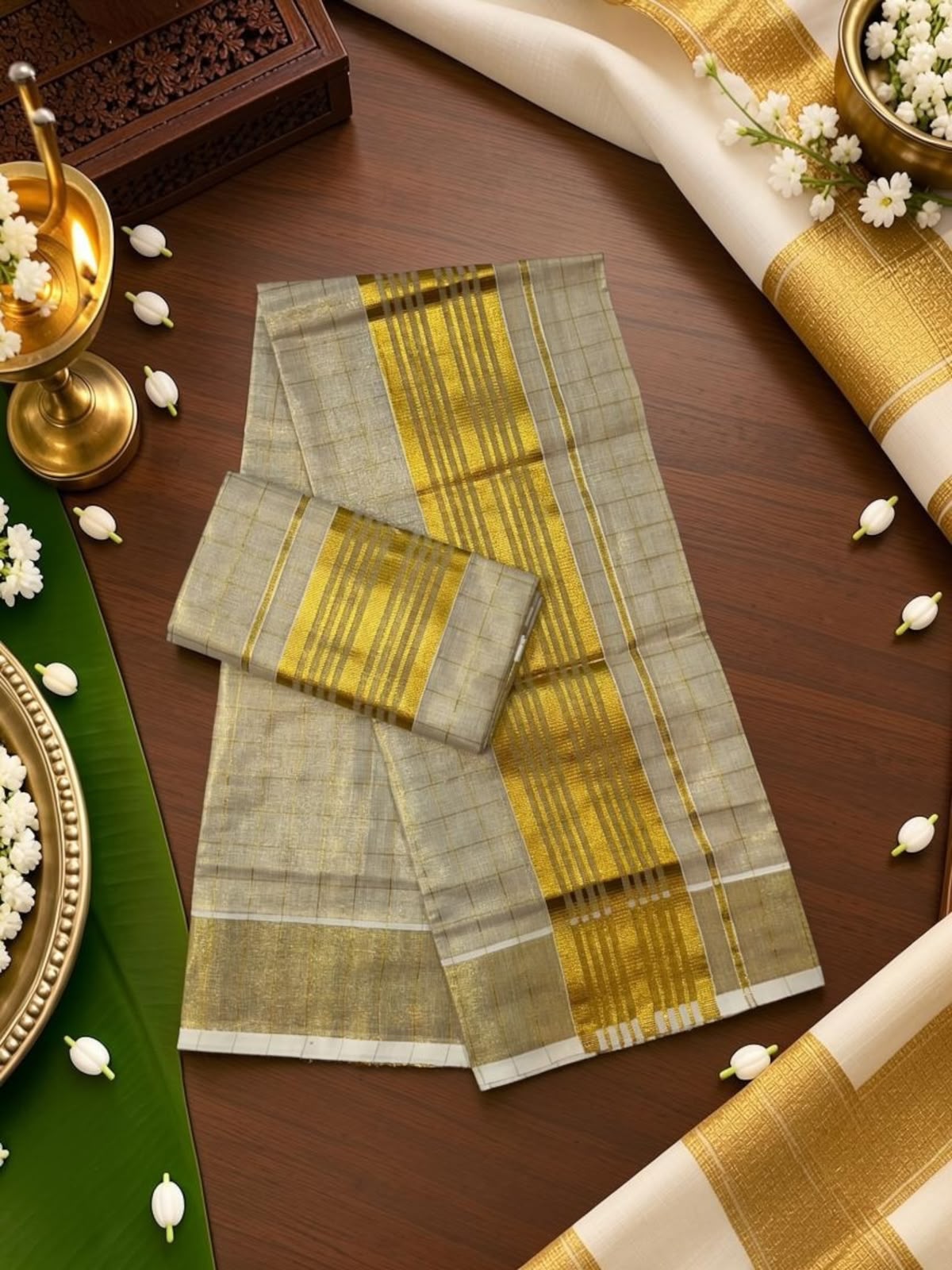 Tissue Check Set Mundu with Stripe border_ extra length