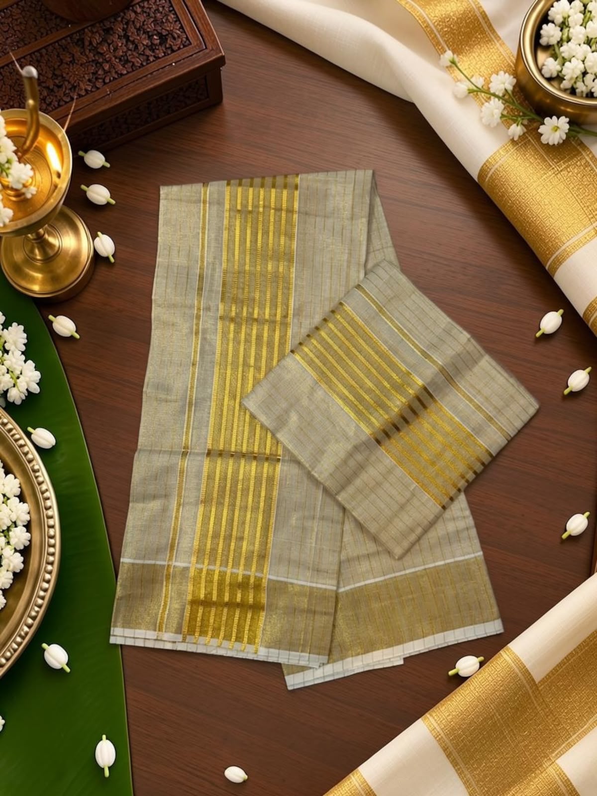 Stripe Tissue Set mundu with Border design _ extra length