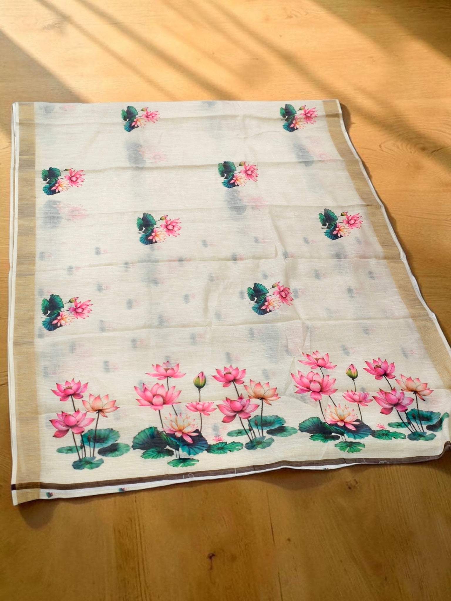 Linen Tissue Lotus Print Full body with blouse work