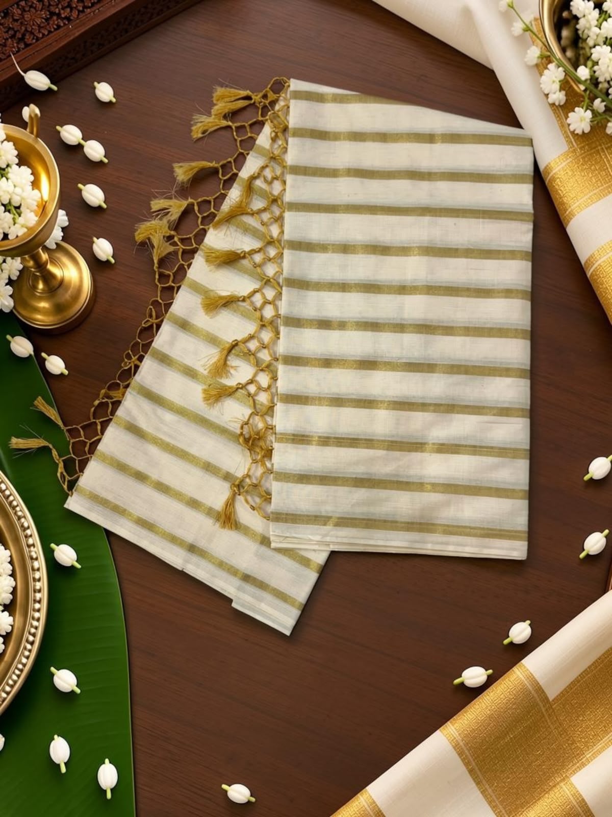 Trending Stripe Cotton Saree with tassels _ blouse included
