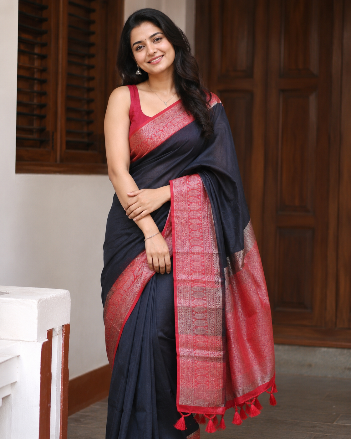 Jute Banarasi contrast border with blouse