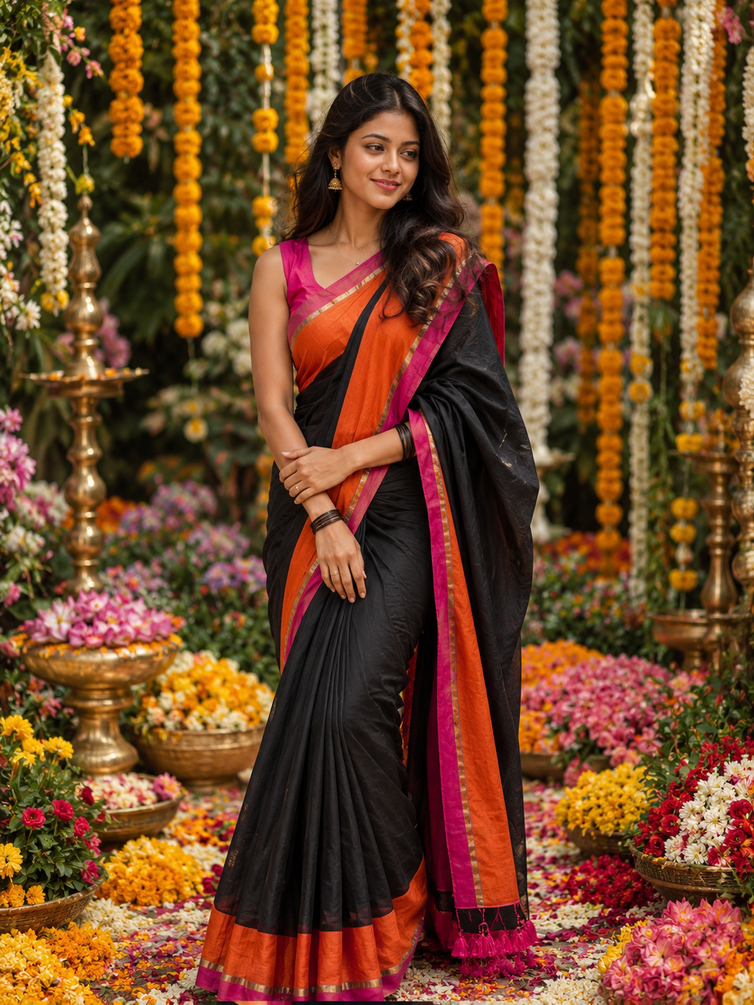 Mul Mul Saree Black contrast border 120 count