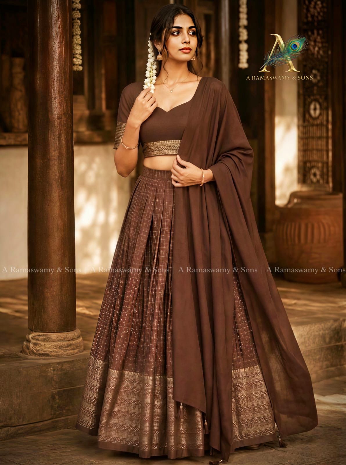 Check davani chettinadu style semi stitched with blouse and dupatta 3 psc