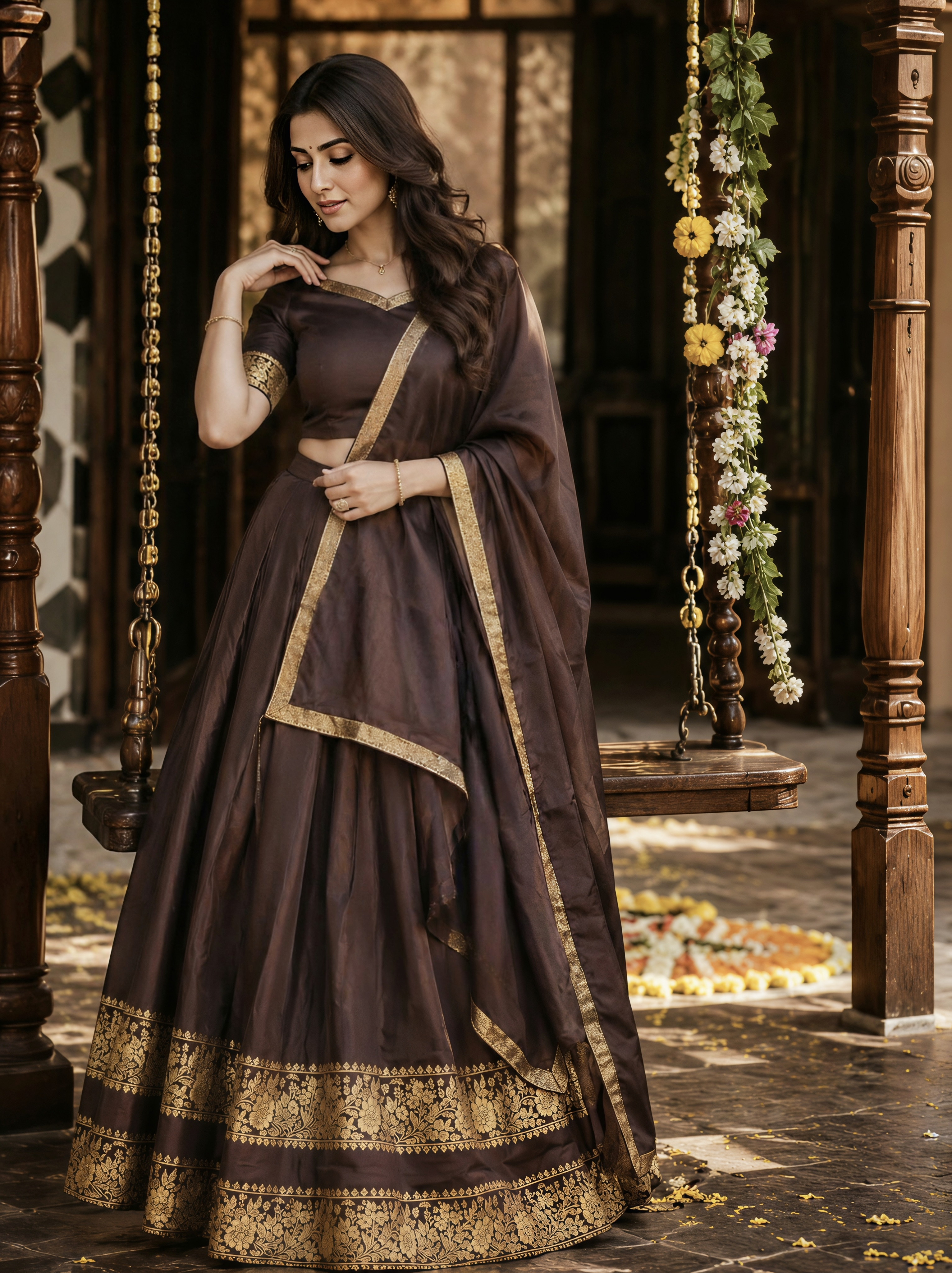 Kanchi cotton style  Davani with rettapeta border with blouse 3 psc set