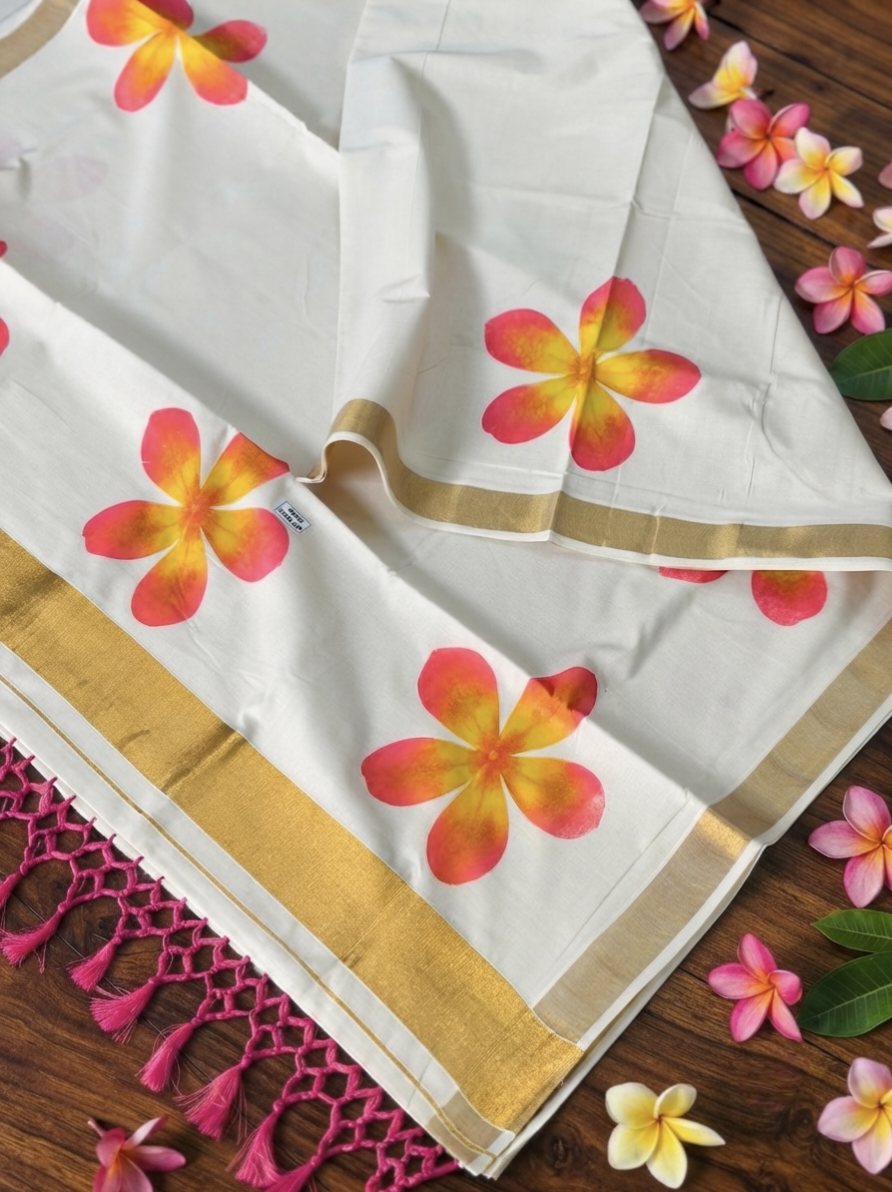 Hand-painted flower on Mul Cotton kasavu saree with blouse