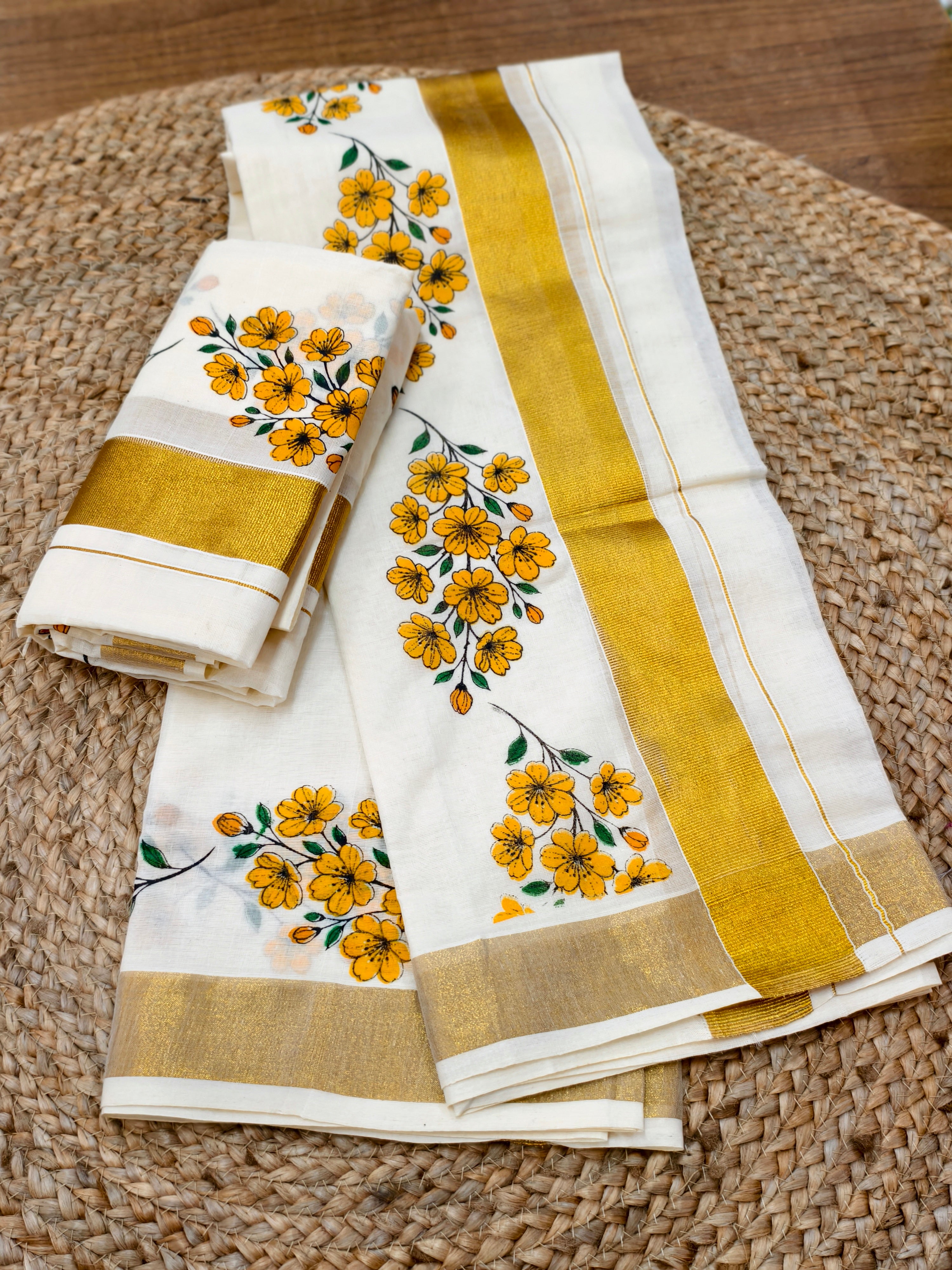 Vishu Kanikonna Set Mundu Kuthampully pure cotton extra length