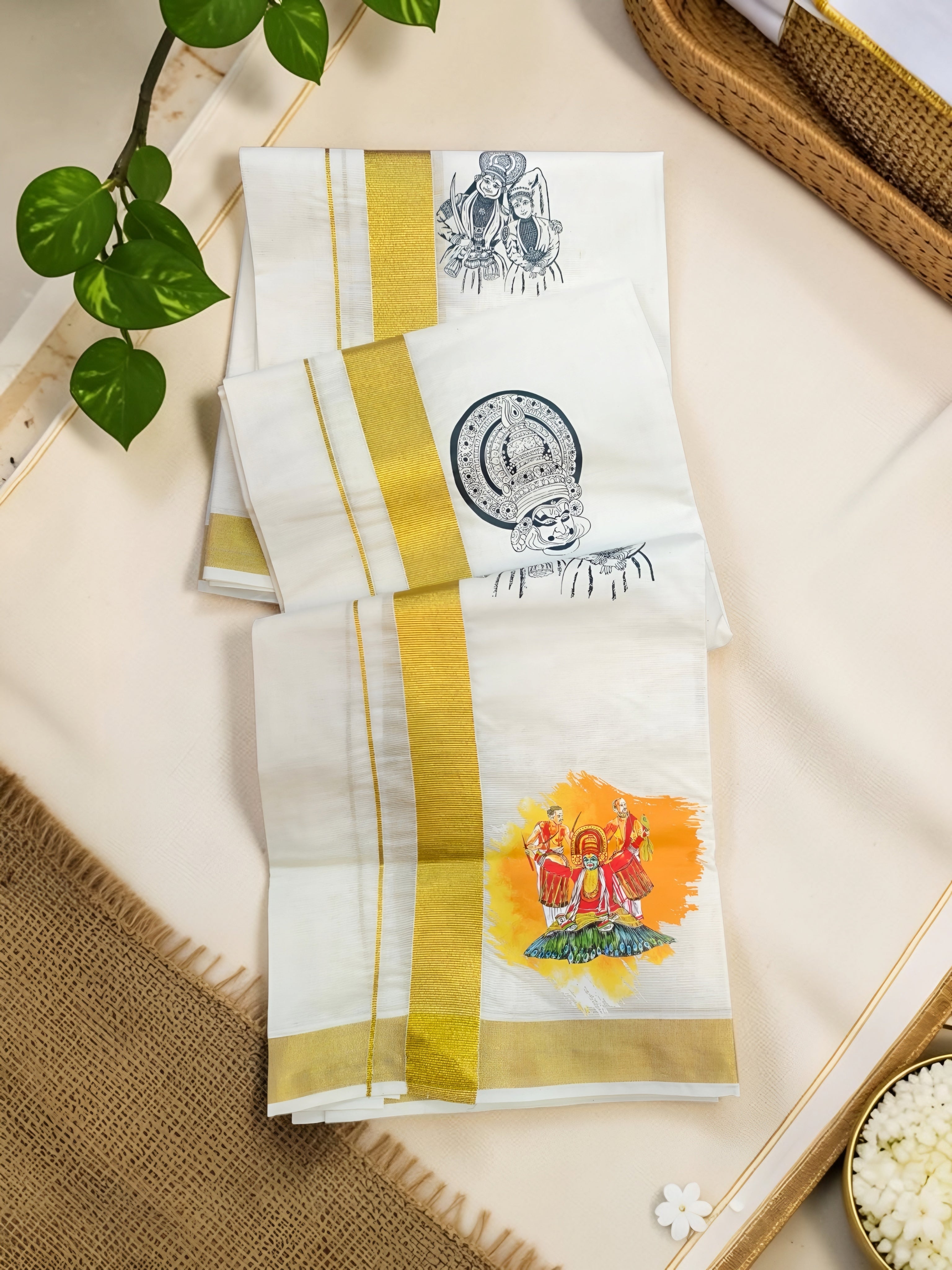 Onam Kathakali print kasavu dhoti 4 meter