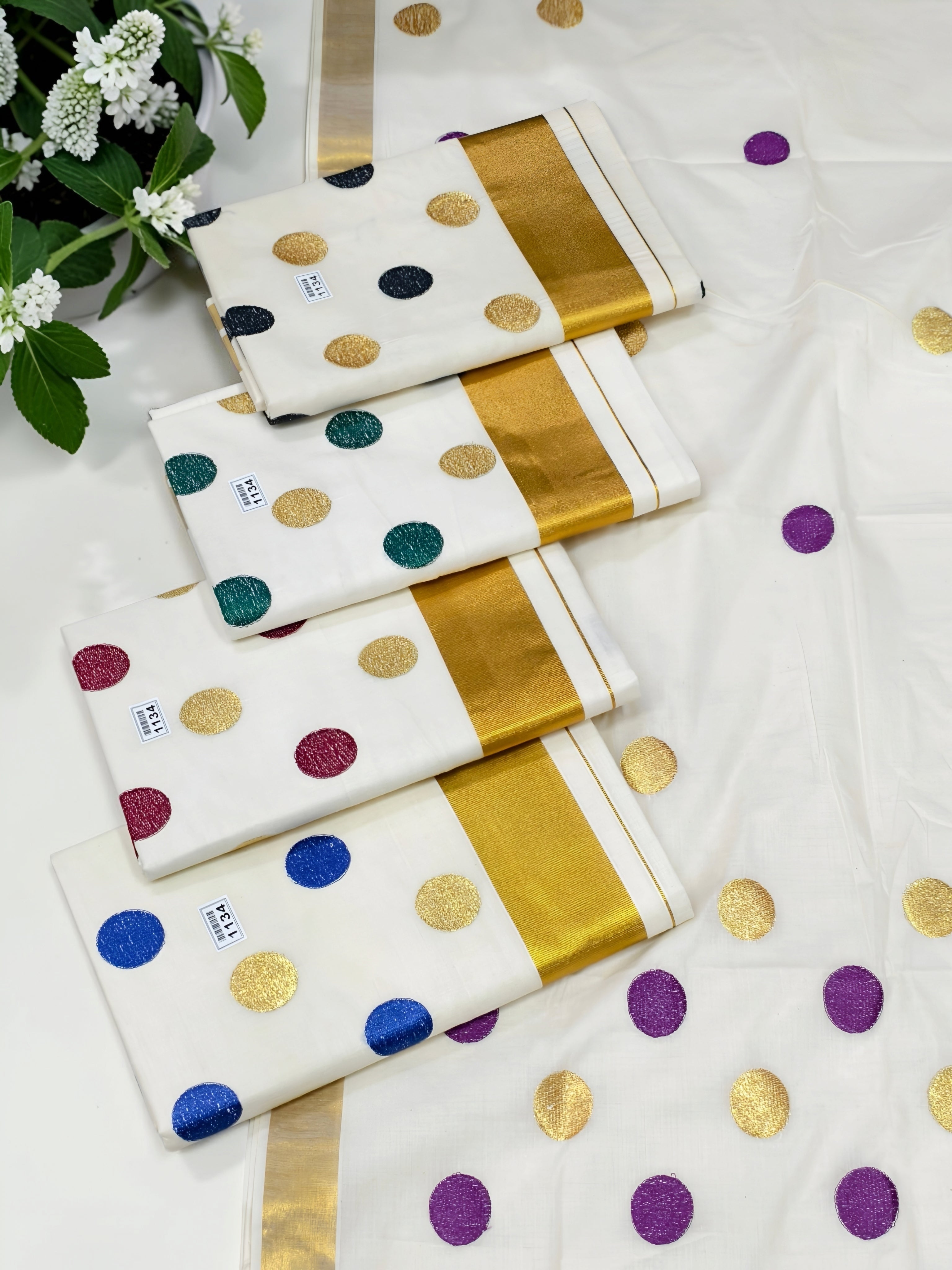 Polka dot Cotton Saree embroidery with blouse