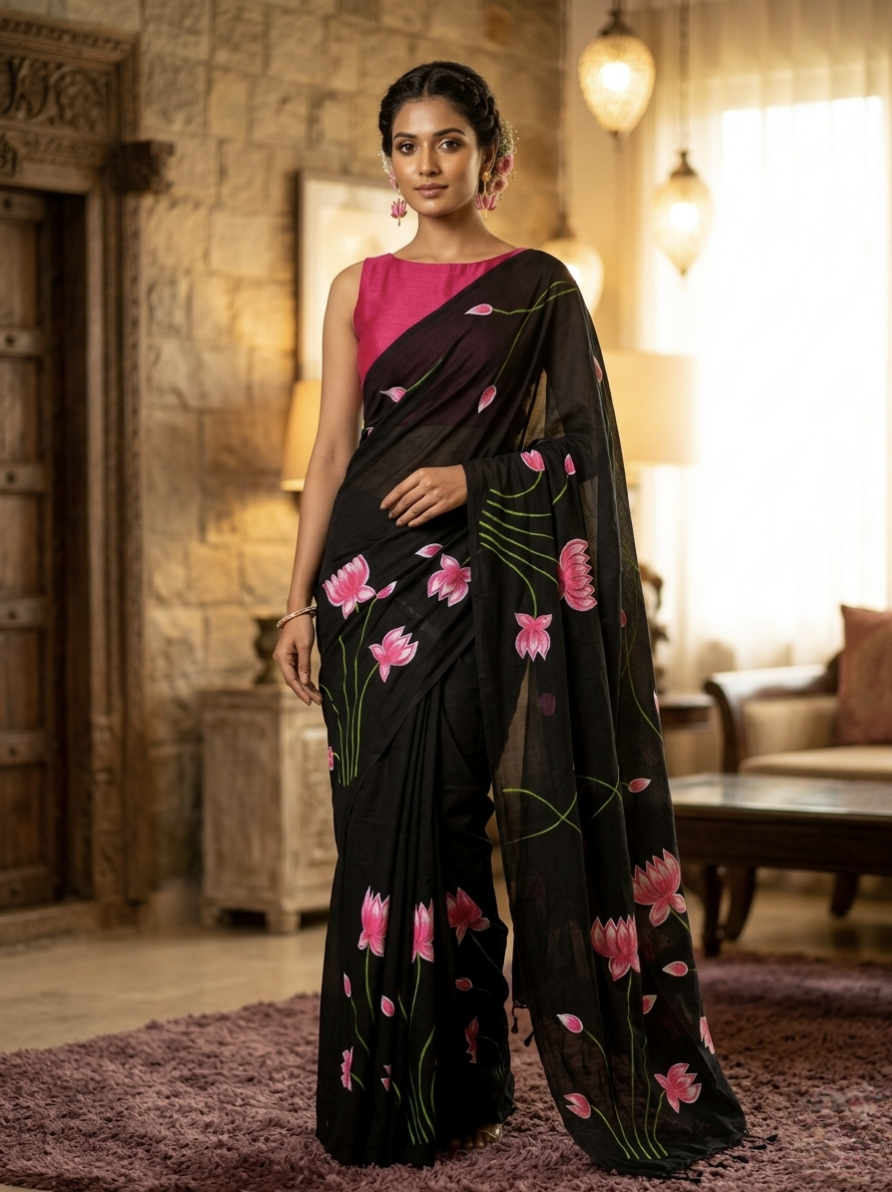Mul Mul saree black floral print lotus soft quality