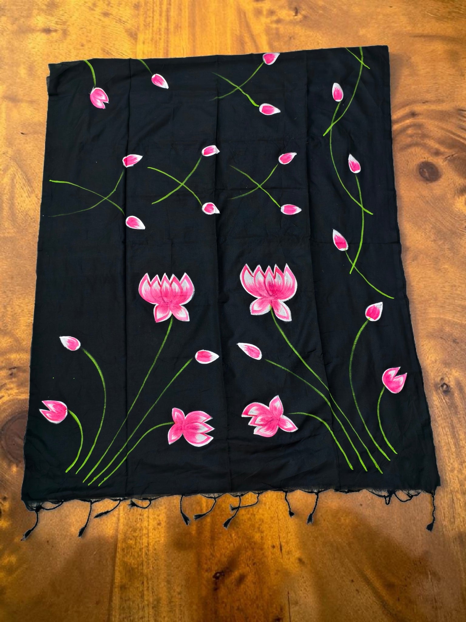 Mul Mul saree black floral print lotus soft quality