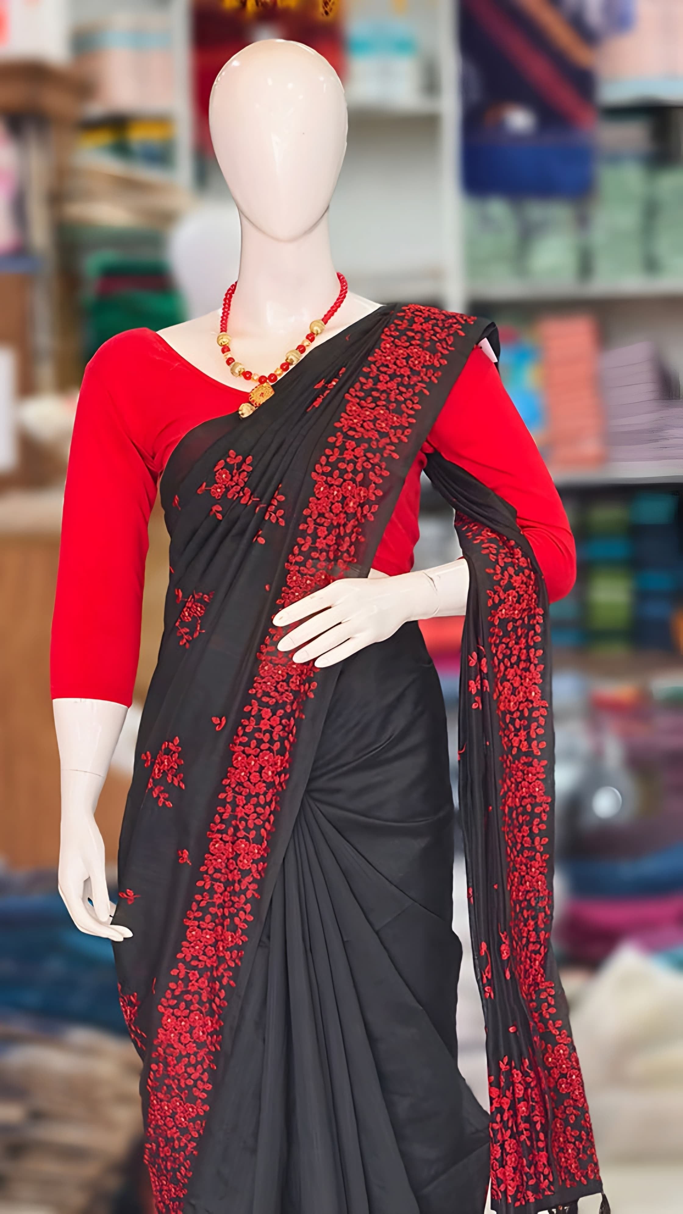 Red and Black trending combo saree Kuthampully _ With blouse