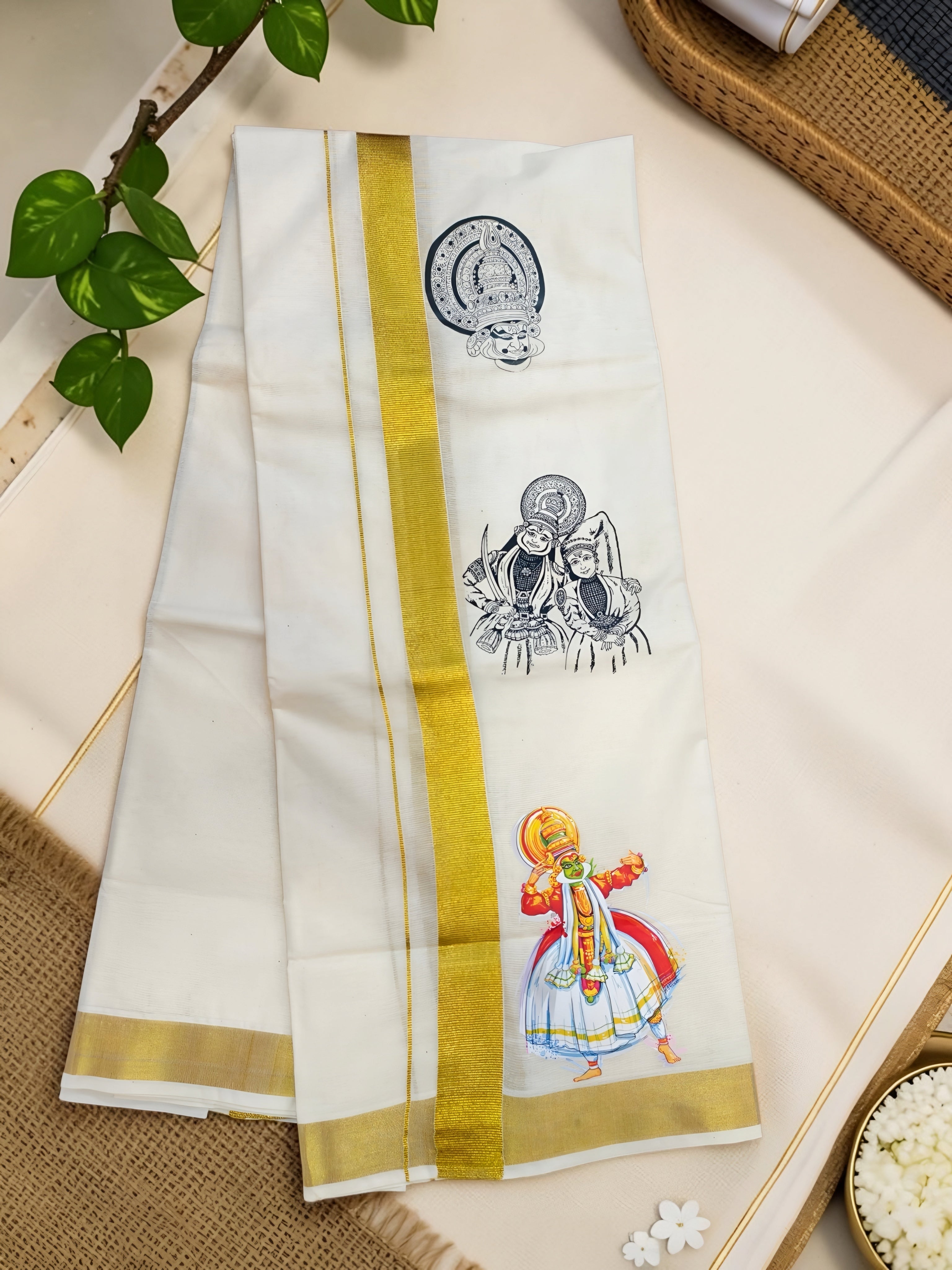 Onam Kathakali print kasavu dhoti 4 meter