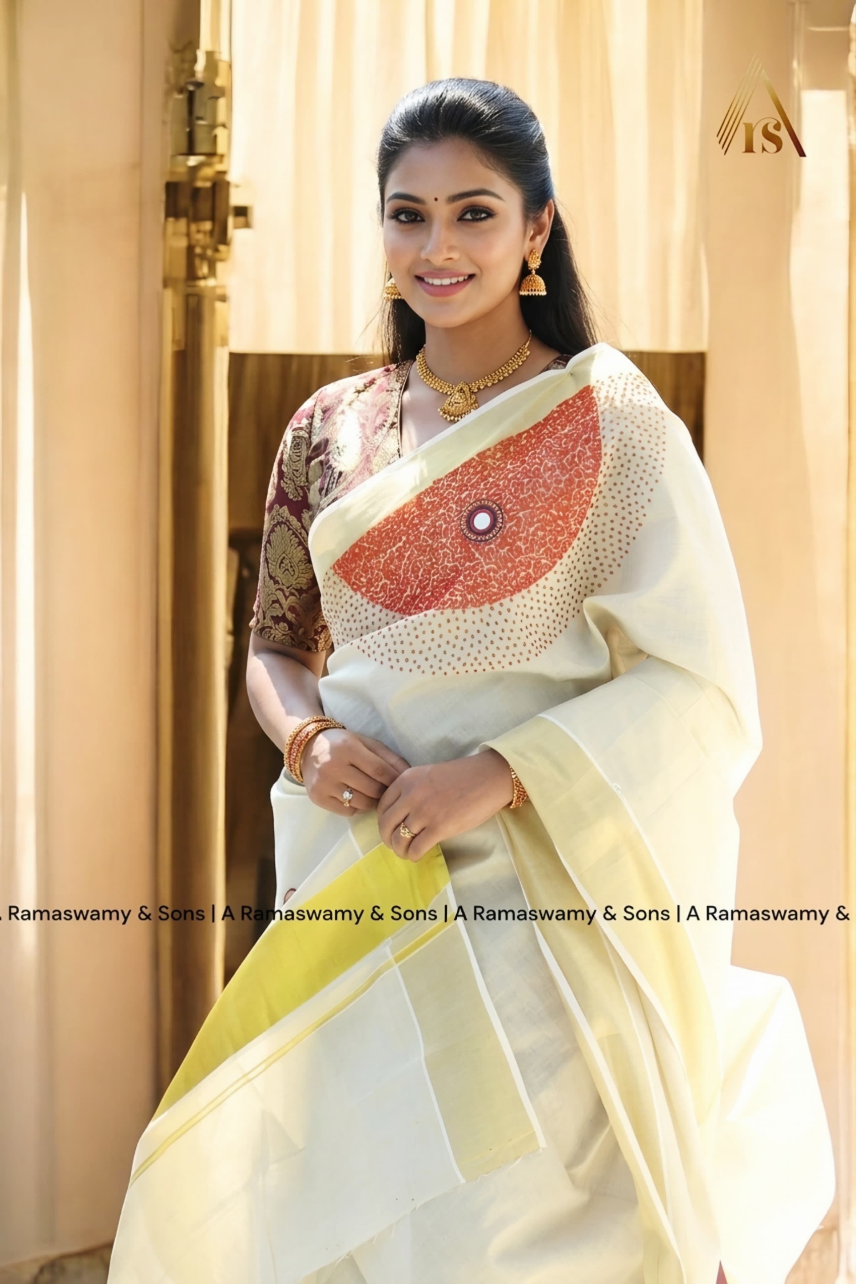 Handwork Tissue Saree Premium Hand Work Orange _ Kerala saree 6.25mtr
