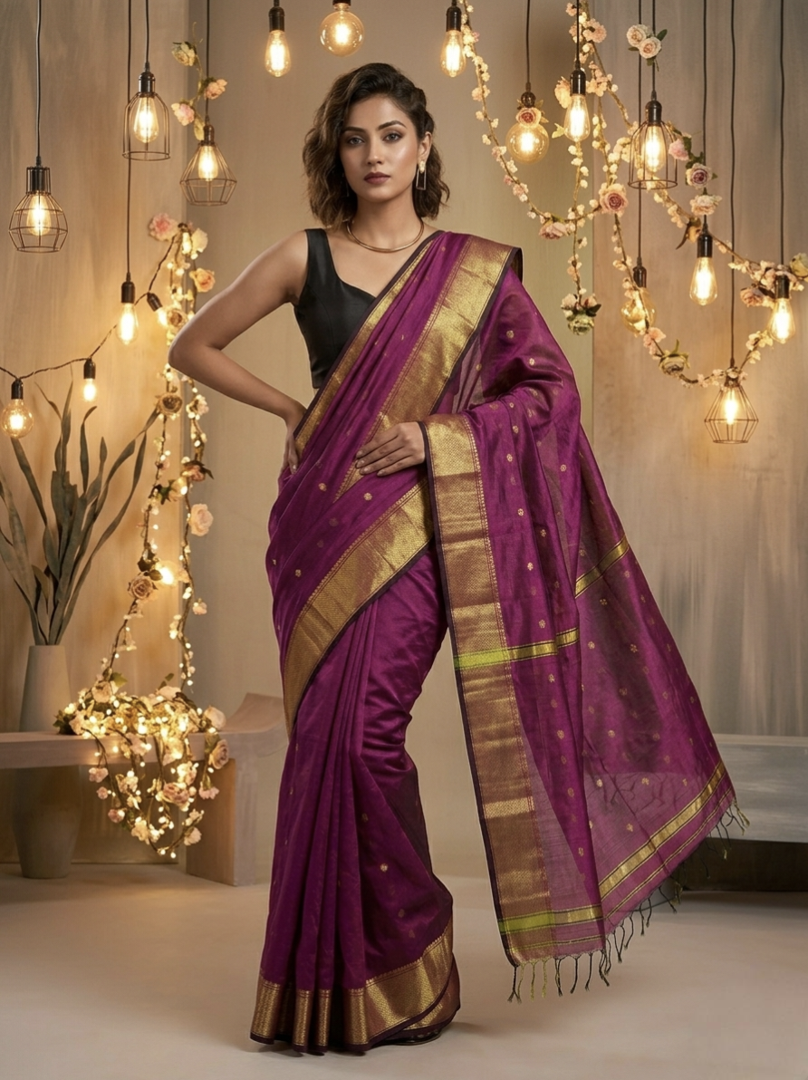Mul Mul kanchi border saree with body buttas