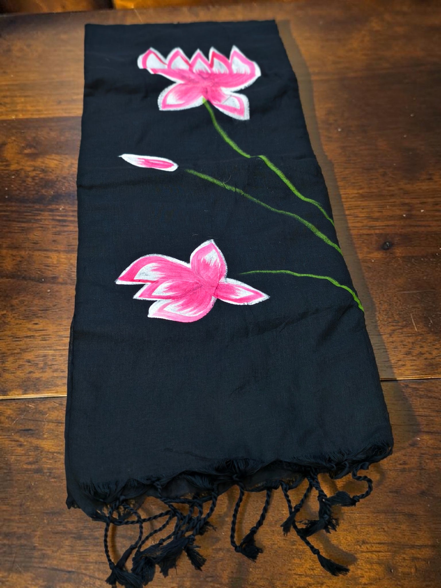 Mul Mul saree black floral print lotus soft quality