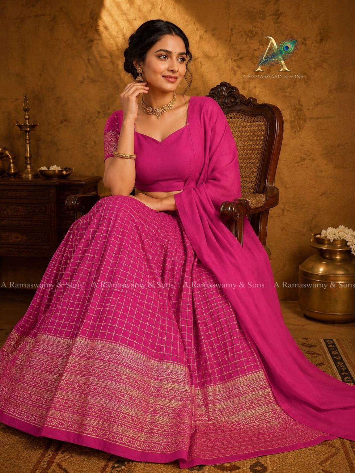 Check davani chettinadu style semi stitched with blouse and dupatta 3 psc