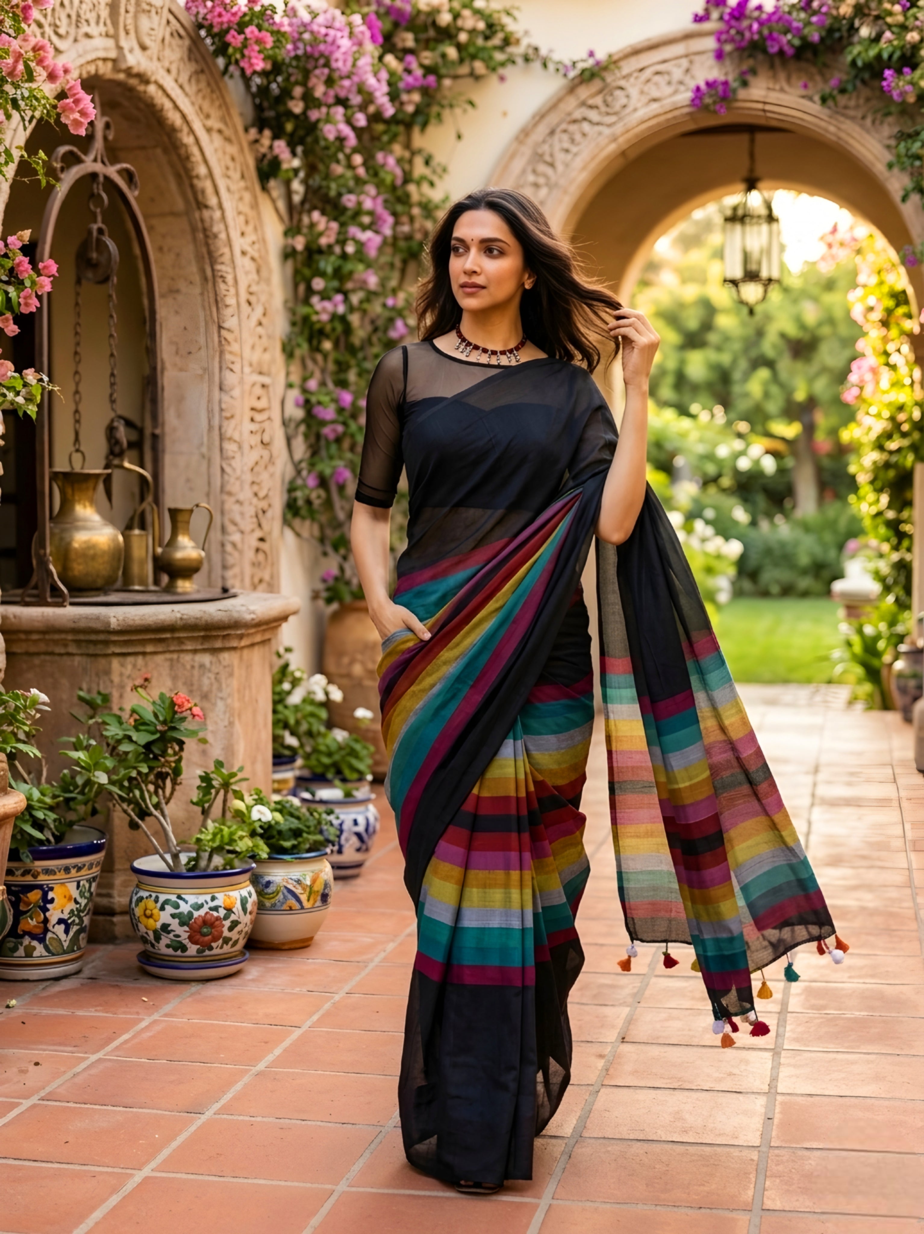Mul mul rainbow check saree _high quality with tussles