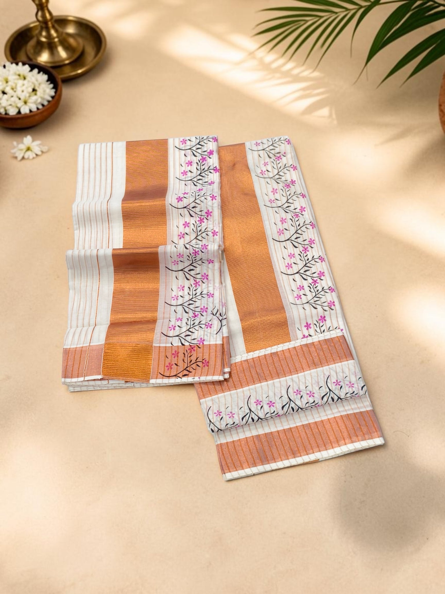 Flower Print Copper Stripe Set Mundu Extra Length
