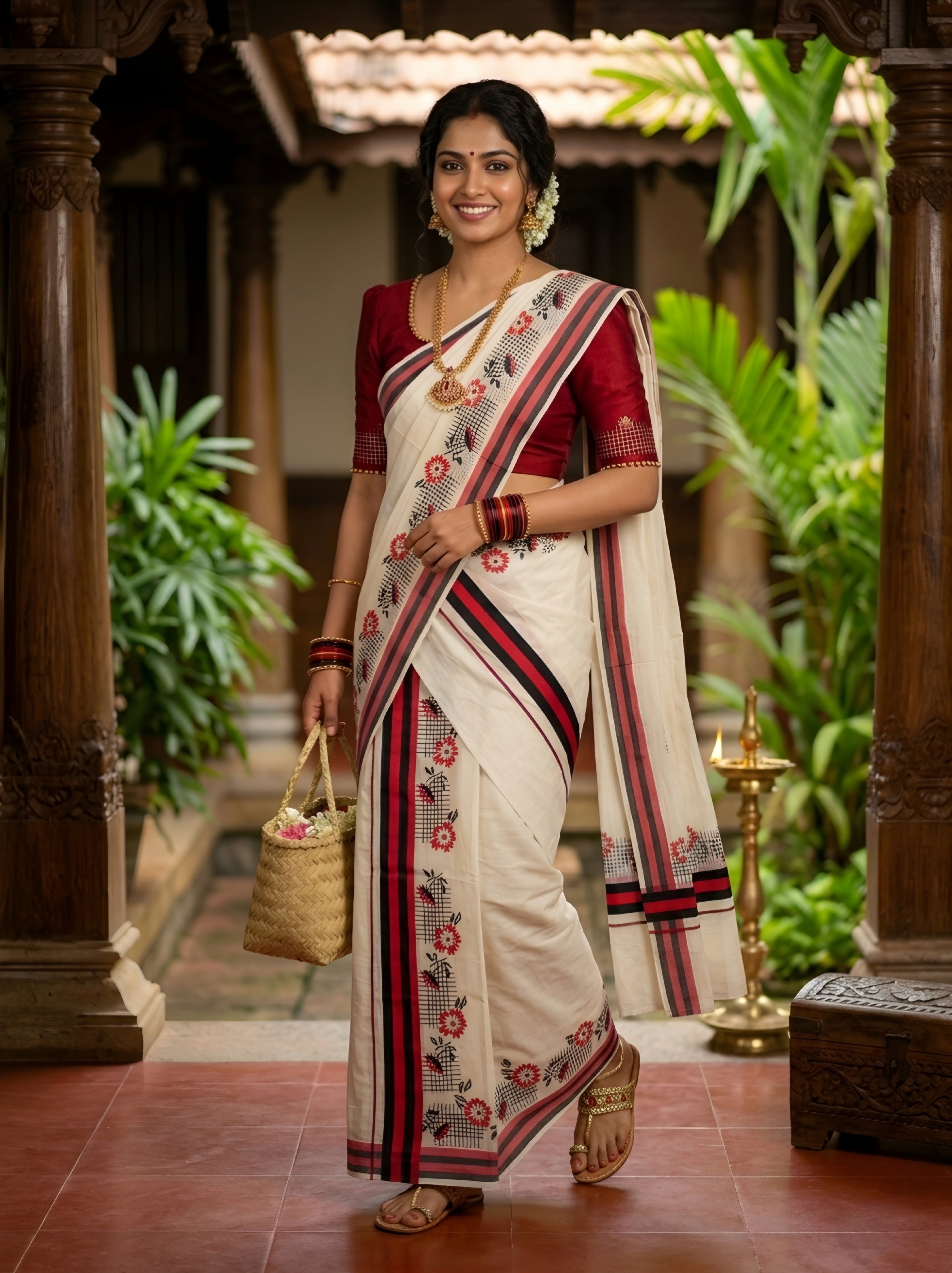 Red and Black Set mundu with Elegant print _ extra length