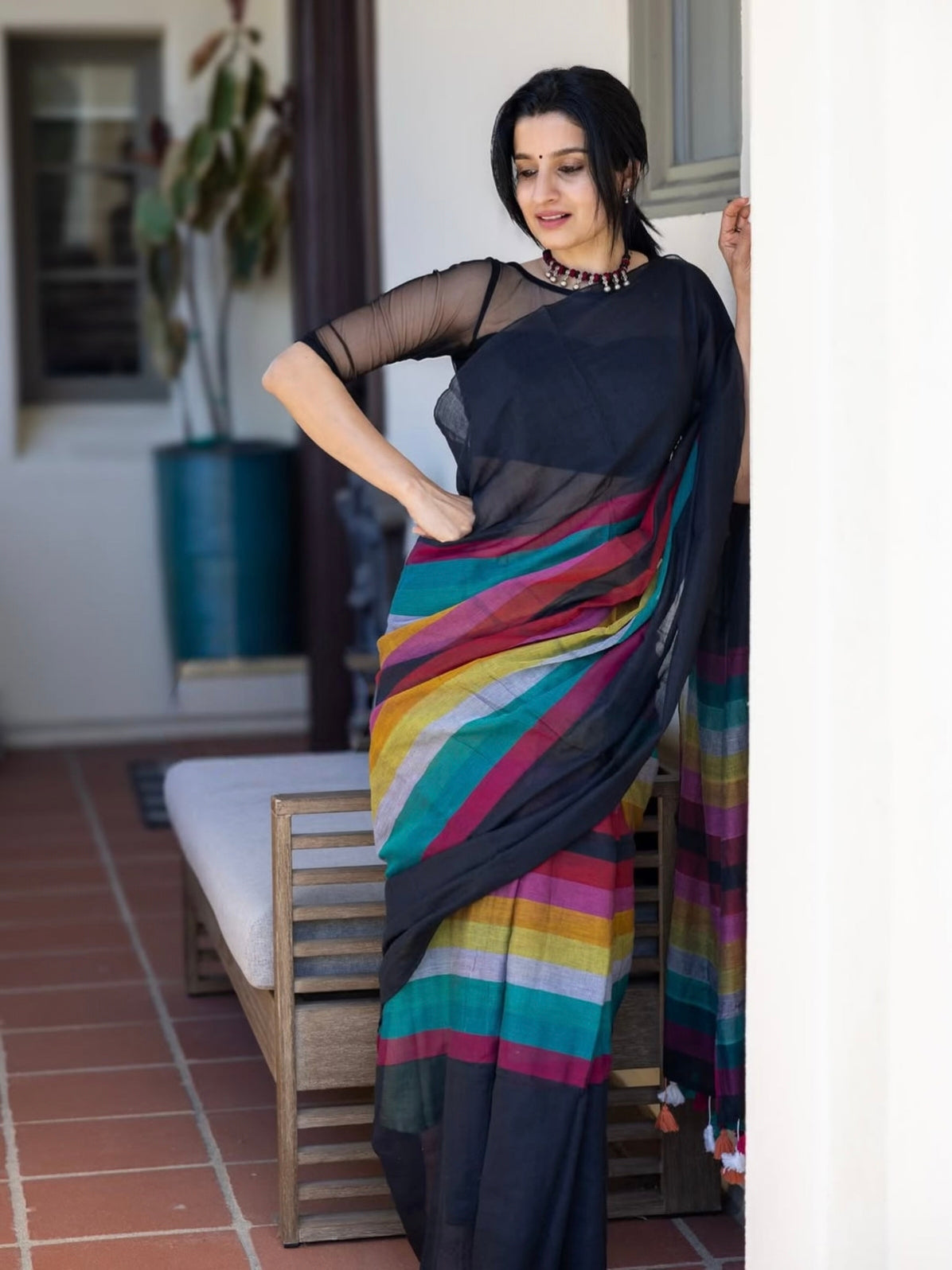 Mul mul rainbow check saree _high quality with tussles